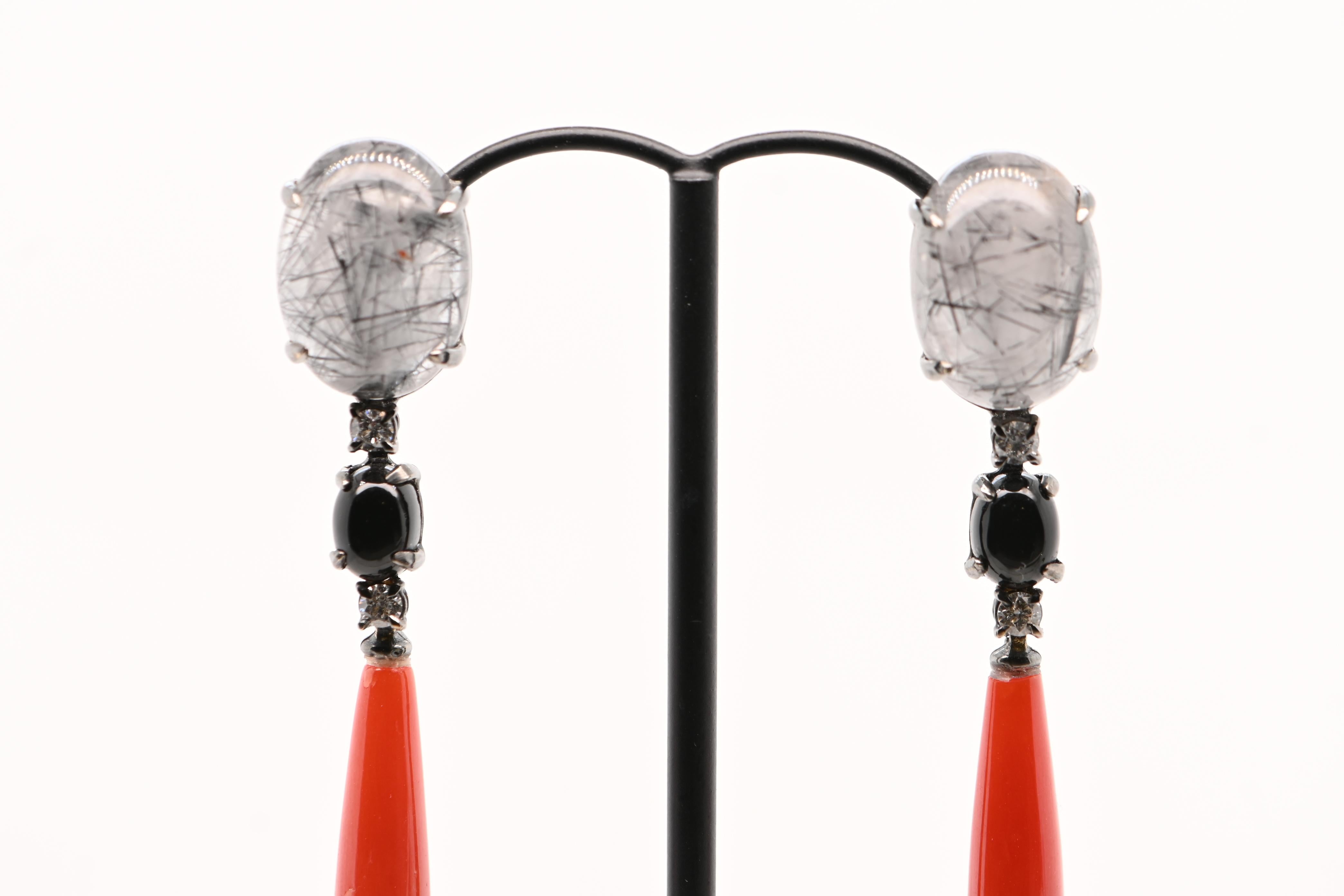 Quartz, Tourmaline, Agathe, Diamants 0.280 Carats Boucles d'oreilles or noir 18 Carats Pour femmes en vente