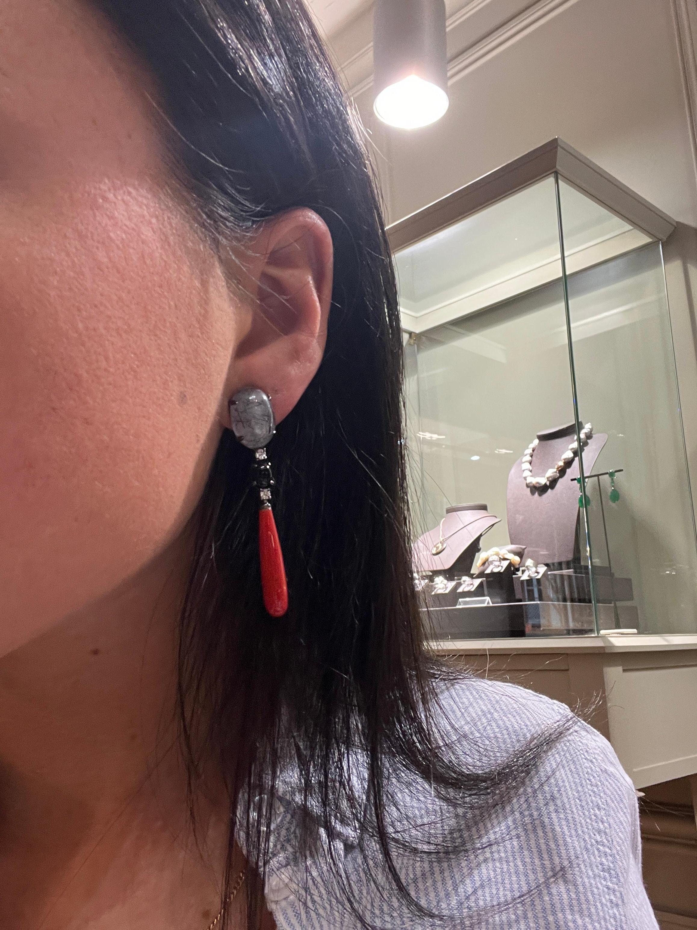 Quartz, Tourmaline, Agathe, Diamonds 0.280 Carats Black Gold 18 Carats Earrings For Sale 1