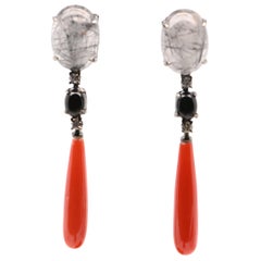 Quartz, Tourmaline, Agathe, Diamonds 0.280 Carats Black Gold 18 Carats Earrings