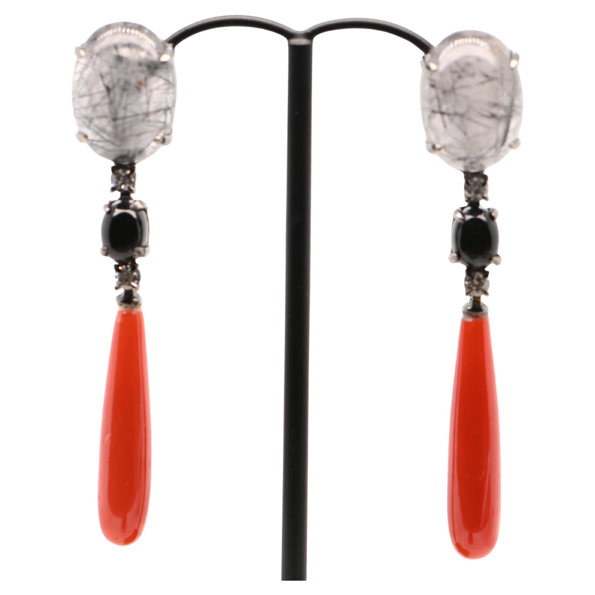 Quartz, Tourmaline, Agathe, Diamonds 0.280 Carats Black Gold 18 Carats Earrings For Sale