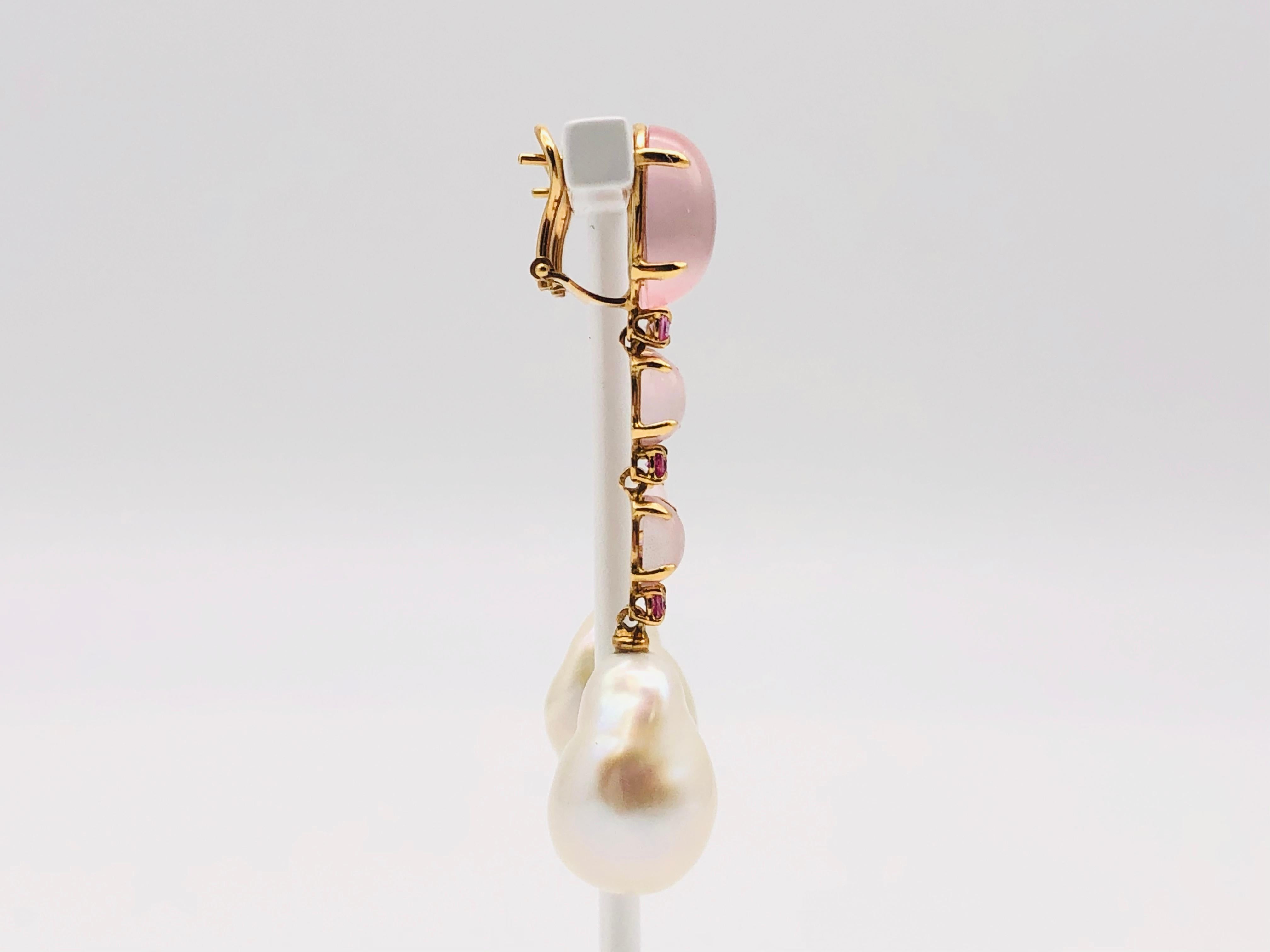 Oval Cut Quartz, Tourmalines and Baroque Pearls on Yellow Gold Earrings