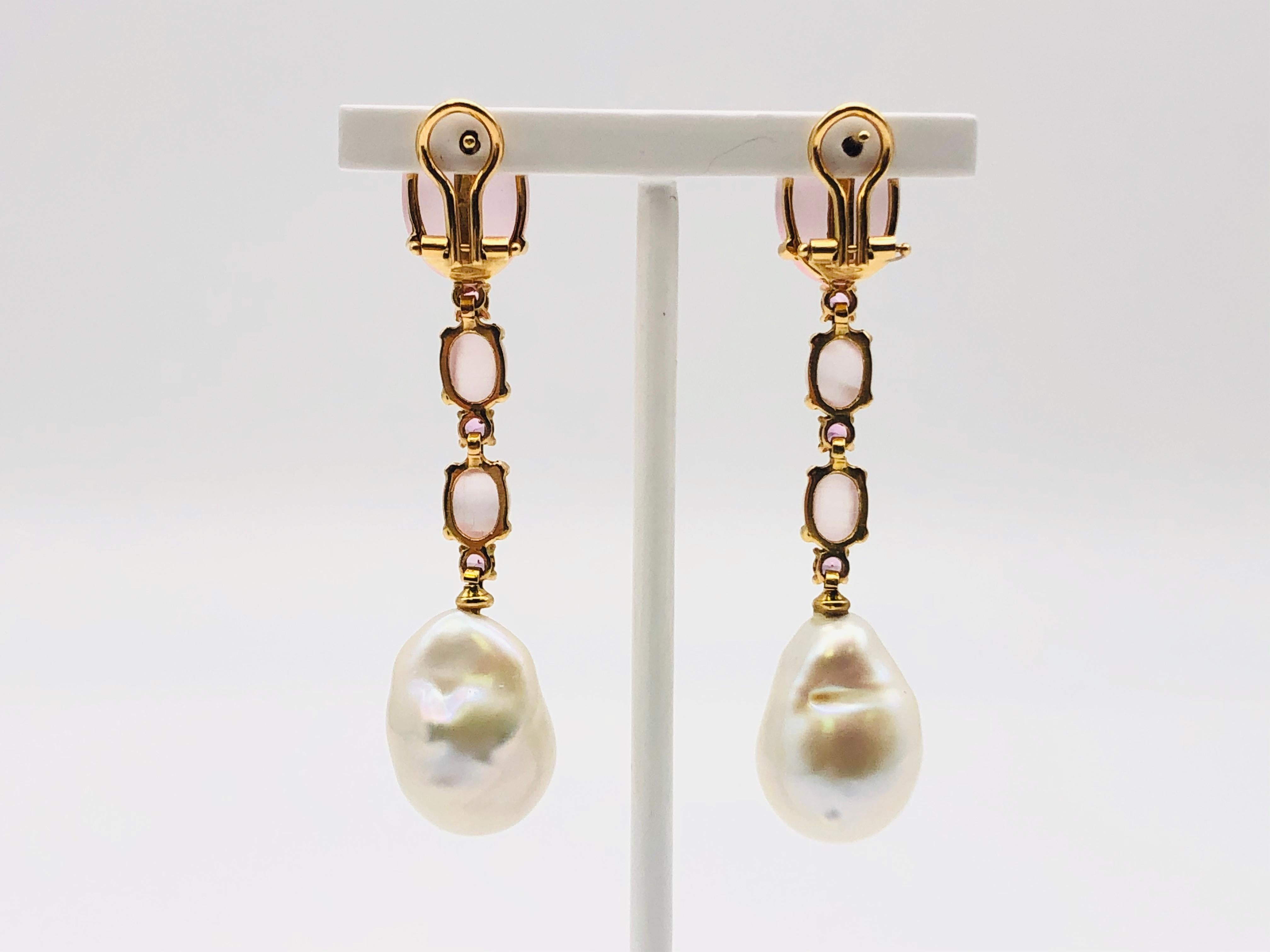 Quartz, Tourmalines and Baroque Pearls on Yellow Gold Earrings In New Condition In Vannes, FR