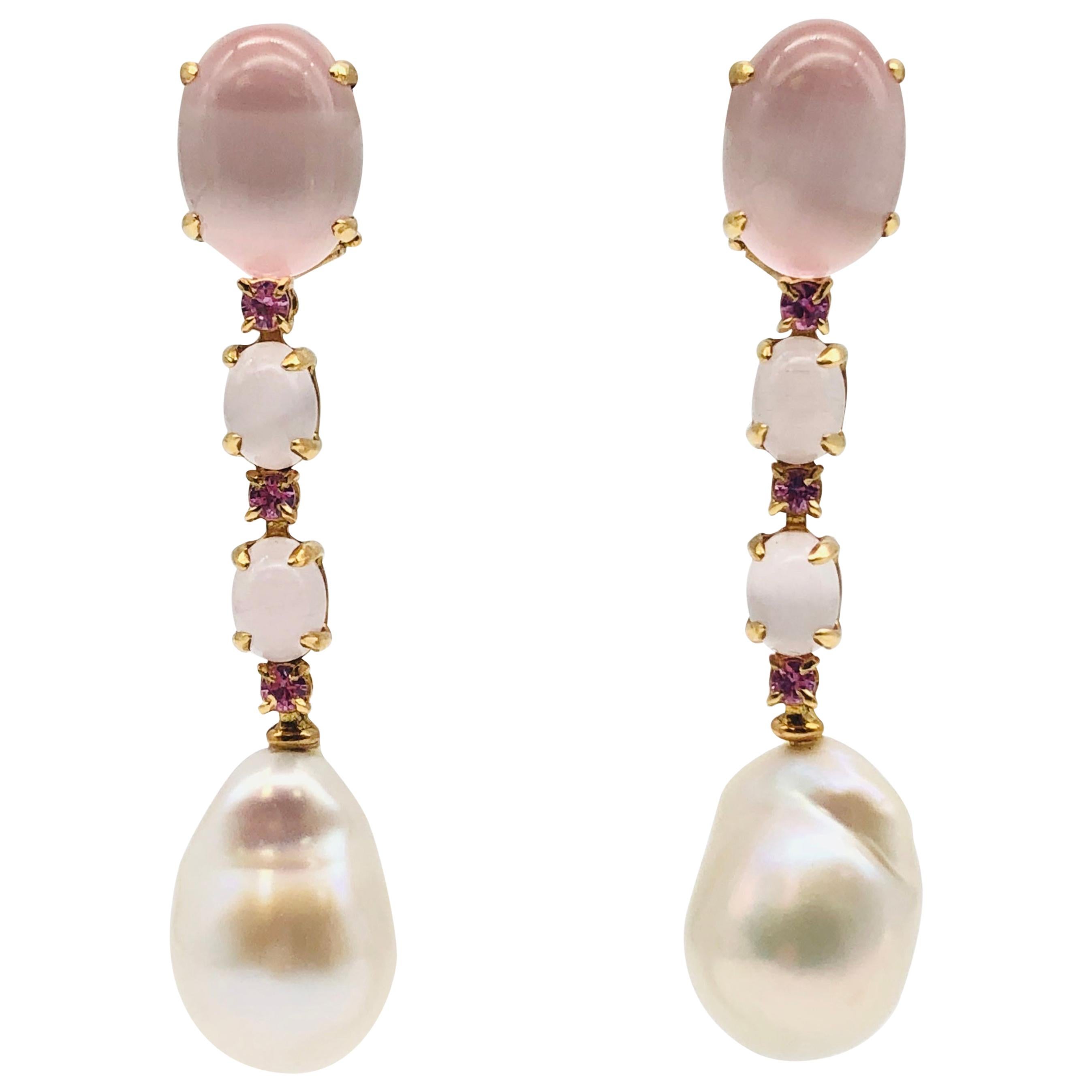 Quartz, Tourmalines and Baroque Pearls on Yellow Gold Earrings