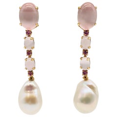 Quartz, Tourmalines and Baroque Pearls on Yellow Gold Earrings