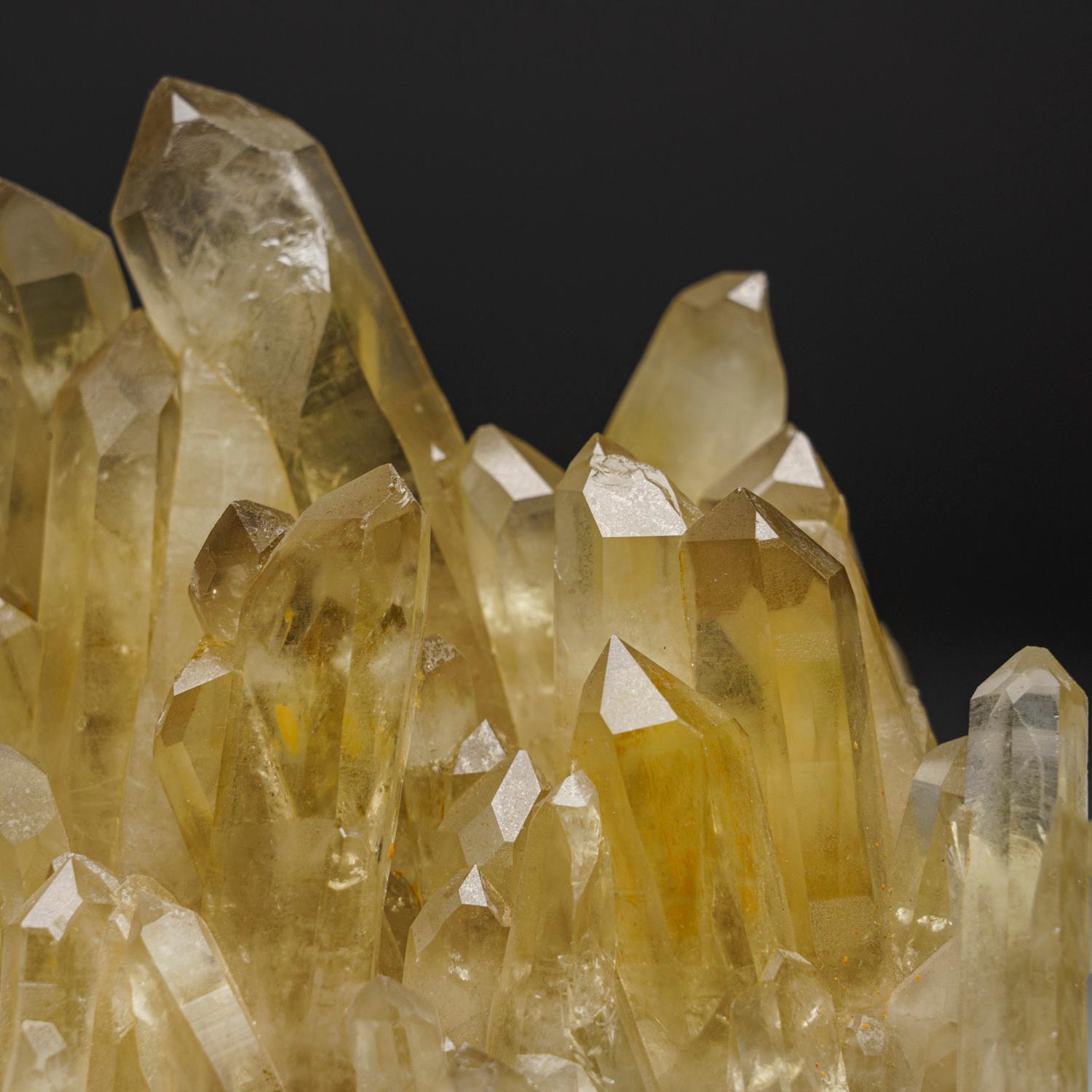 From Guilin, Guanxi Zhuang, China 

Huge cluster of elongated citrine quartz crystals. Transparent yellow quartz citrine quartz crystals with smoky phantoms at the termination. The quartz var. Citrine is aesthetically pleasing and has a beautiful