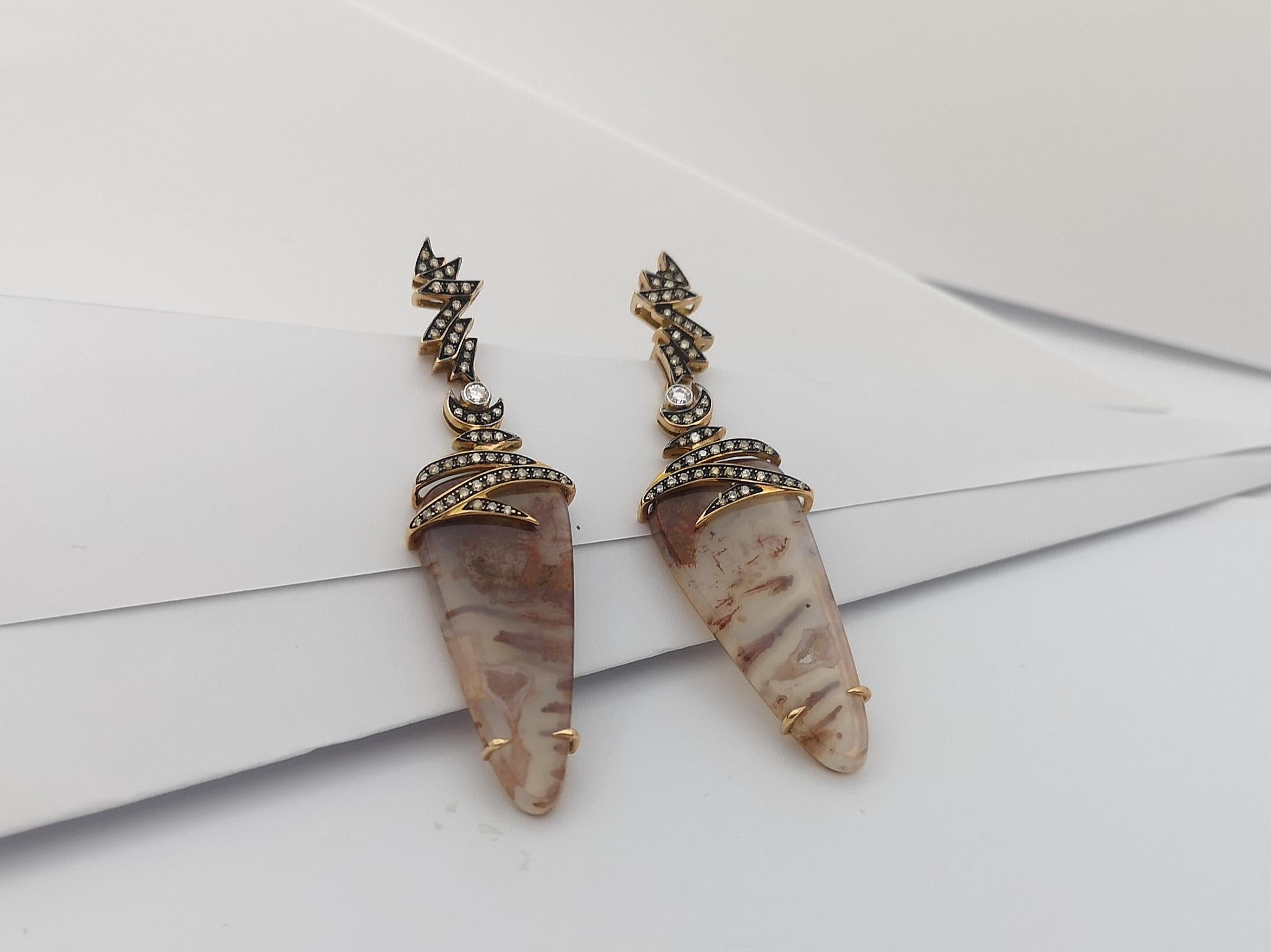 Mixed Cut Quartz with Brown Diamond and Diamond Earrings Set in 18 Karat Rose Gold Setting For Sale