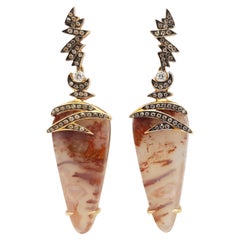 Quartz with Brown Diamond and Diamond Earrings Set in 18 Karat Rose Gold Setting