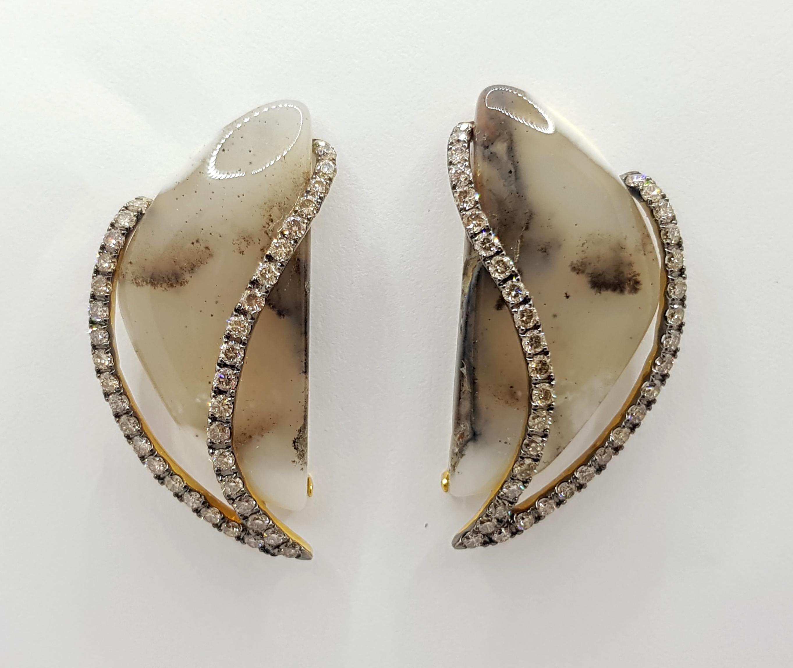 Contemporary Quartz with Brown Diamond Earrings Set in 18 Karat Gold Settings For Sale