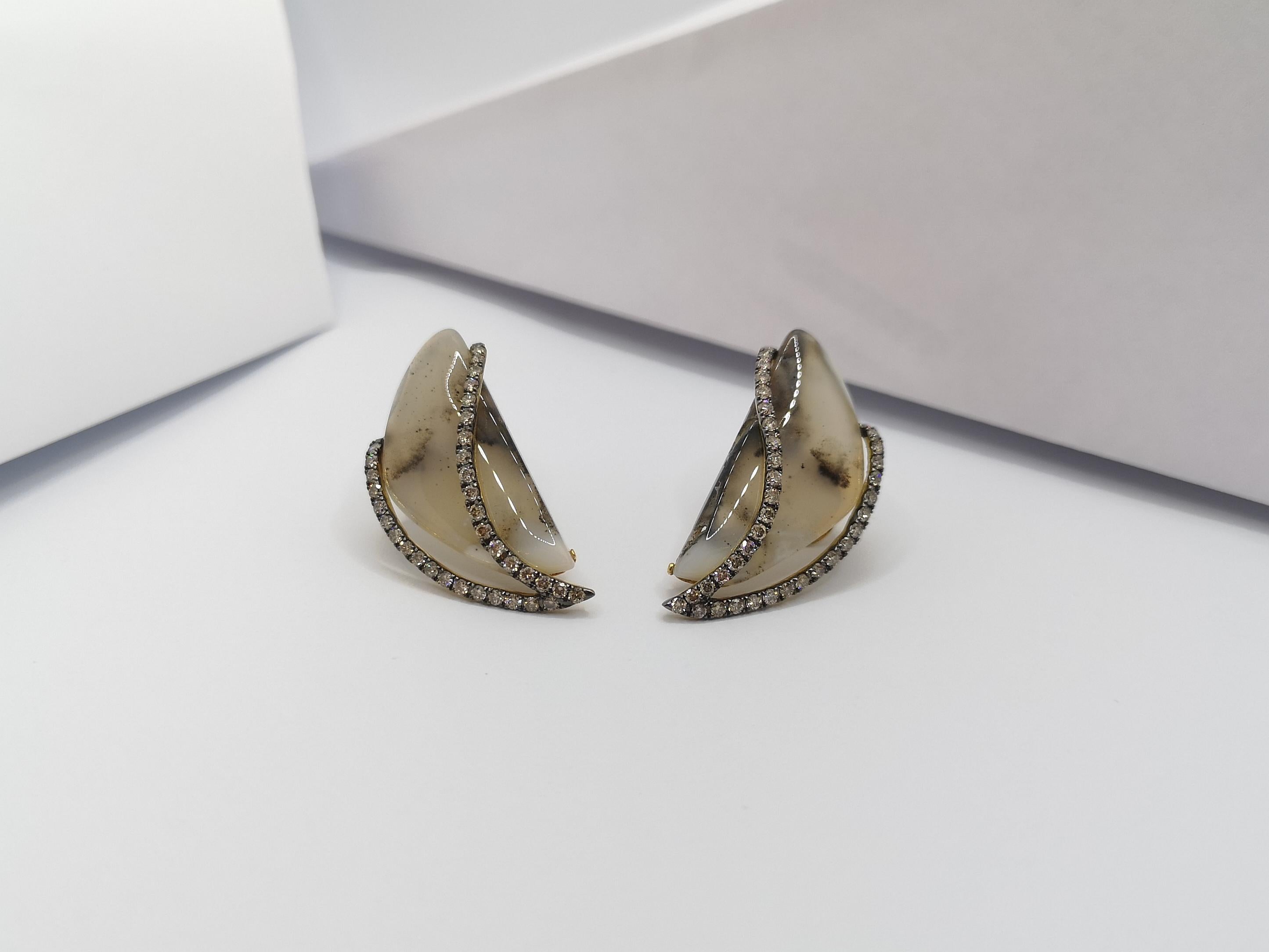 Quartz with Brown Diamond Earrings Set in 18 Karat Gold Settings For Sale 1