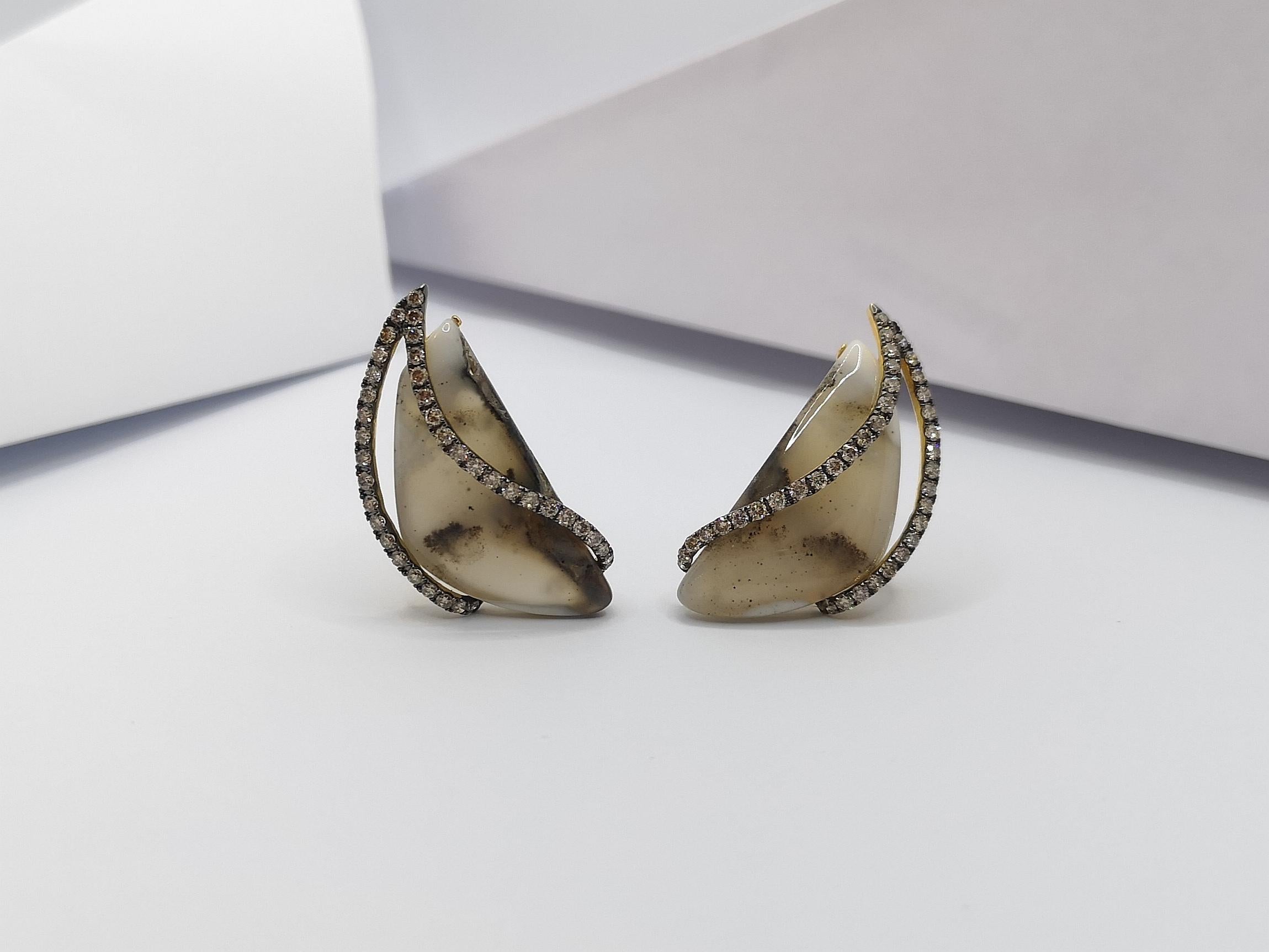 Quartz with Brown Diamond Earrings Set in 18 Karat Gold Settings For Sale 2