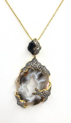 Quartz with Onyx and Brown Diamond Pendant Set in 18 Karat Gold Settings