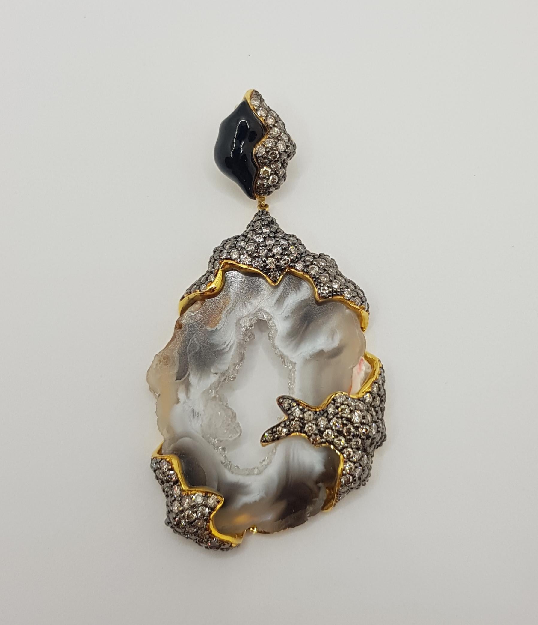 Mixed Cut Quartz with Onyx and Brown Diamond Pendant Set in 18 Karat Gold Settings For Sale