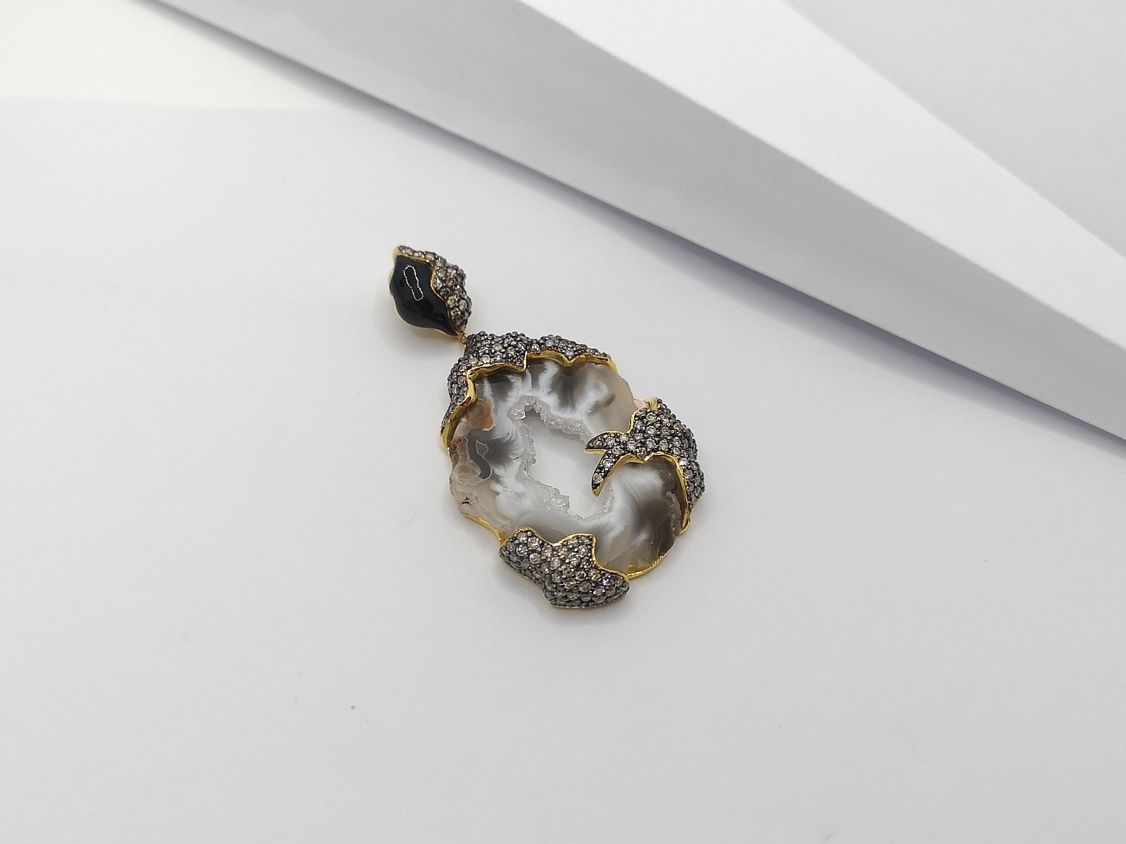Ciondolo in quarzo con onice e diamante marrone incastonato in oro 18 carati in vendita 3
