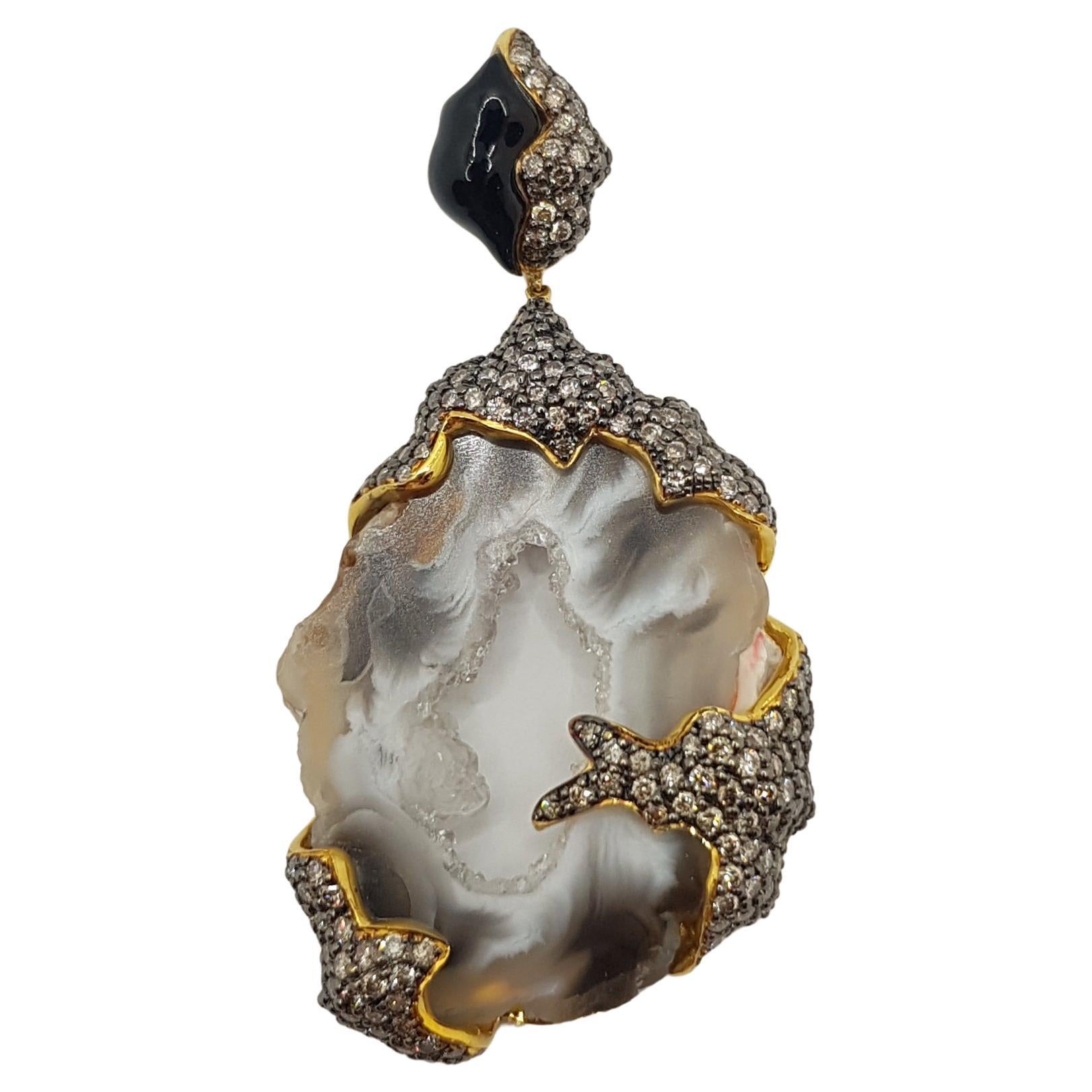 Quartz with Onyx and Brown Diamond Pendant Set in 18 Karat Gold Settings For Sale