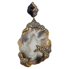 Quartz with Onyx and Brown Diamond Pendant Set in 18 Karat Gold Settings