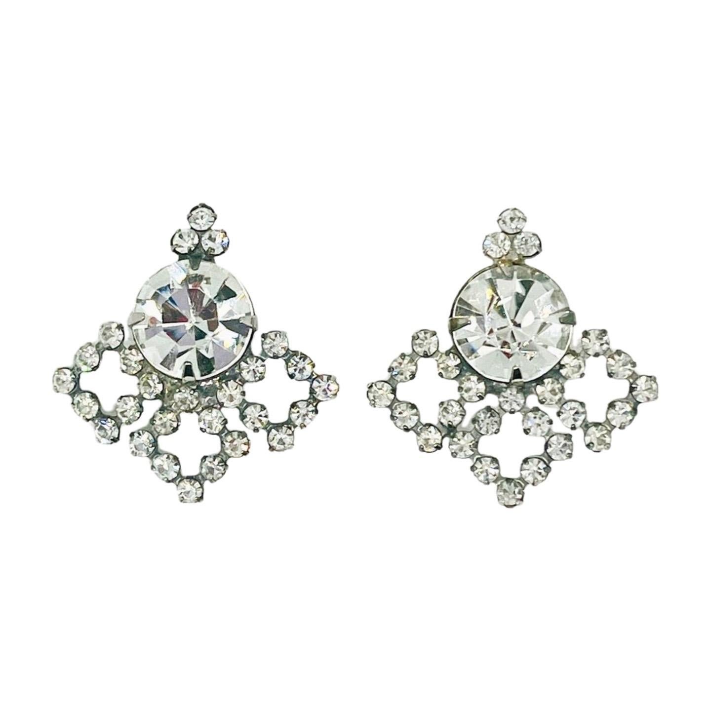 Brilliant Cut Quatrefoil Clear CZ Pierced Earrings, Renaissance Resurgence, Late 20th century For Sale