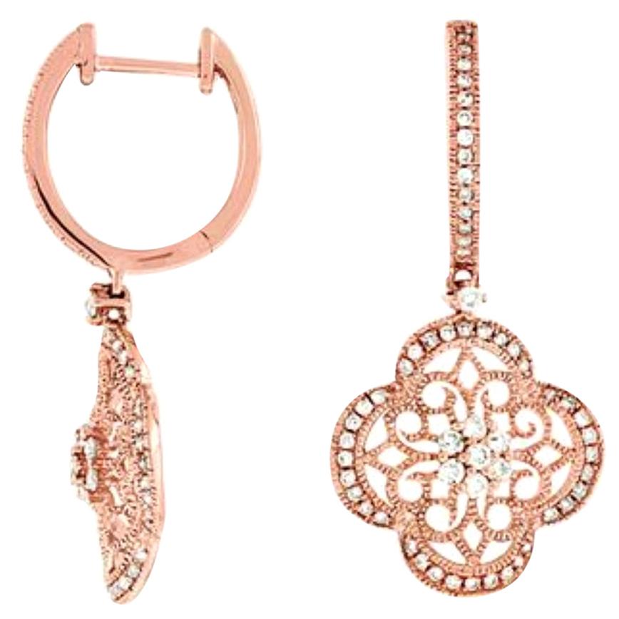 Quatrefoil Design Diamond Drop Earrings in 14kt Rose Gold with .52ct of Diamonds For Sale