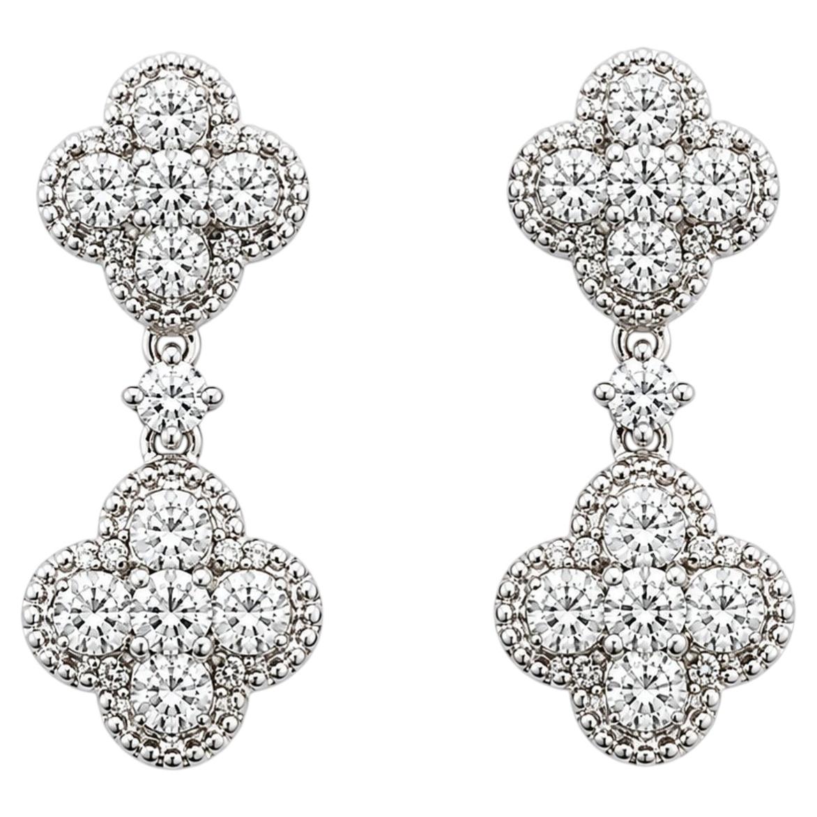 Quatrefoil Diamond Dangle Earrings in 14k White Gold For Sale