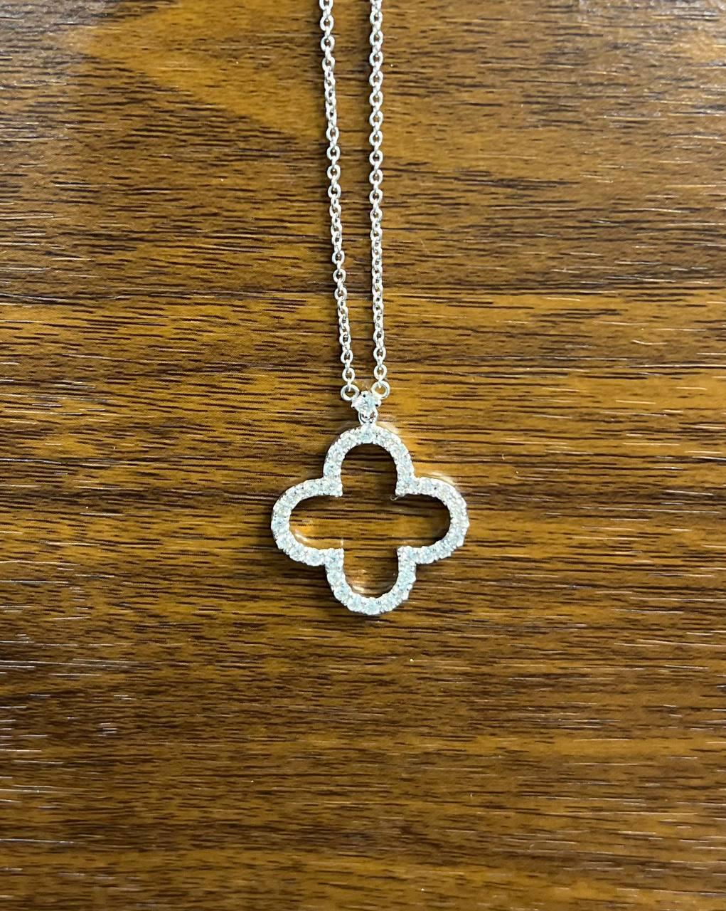 Women's Quatrefoil Lucky Alhambra Clover Diamonds Halo Motif White Gold Pendant Necklace For Sale