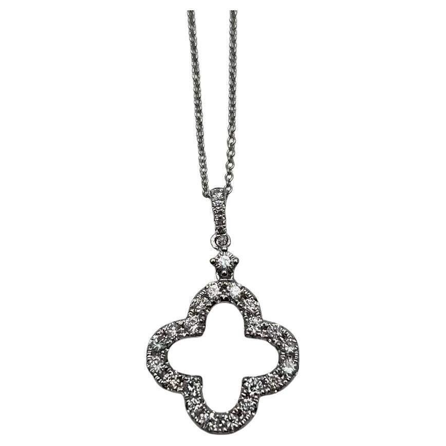 Quatrefoil Lucky Alhambra Clover Diamonds Halo Motif White Gold Pendant Necklace