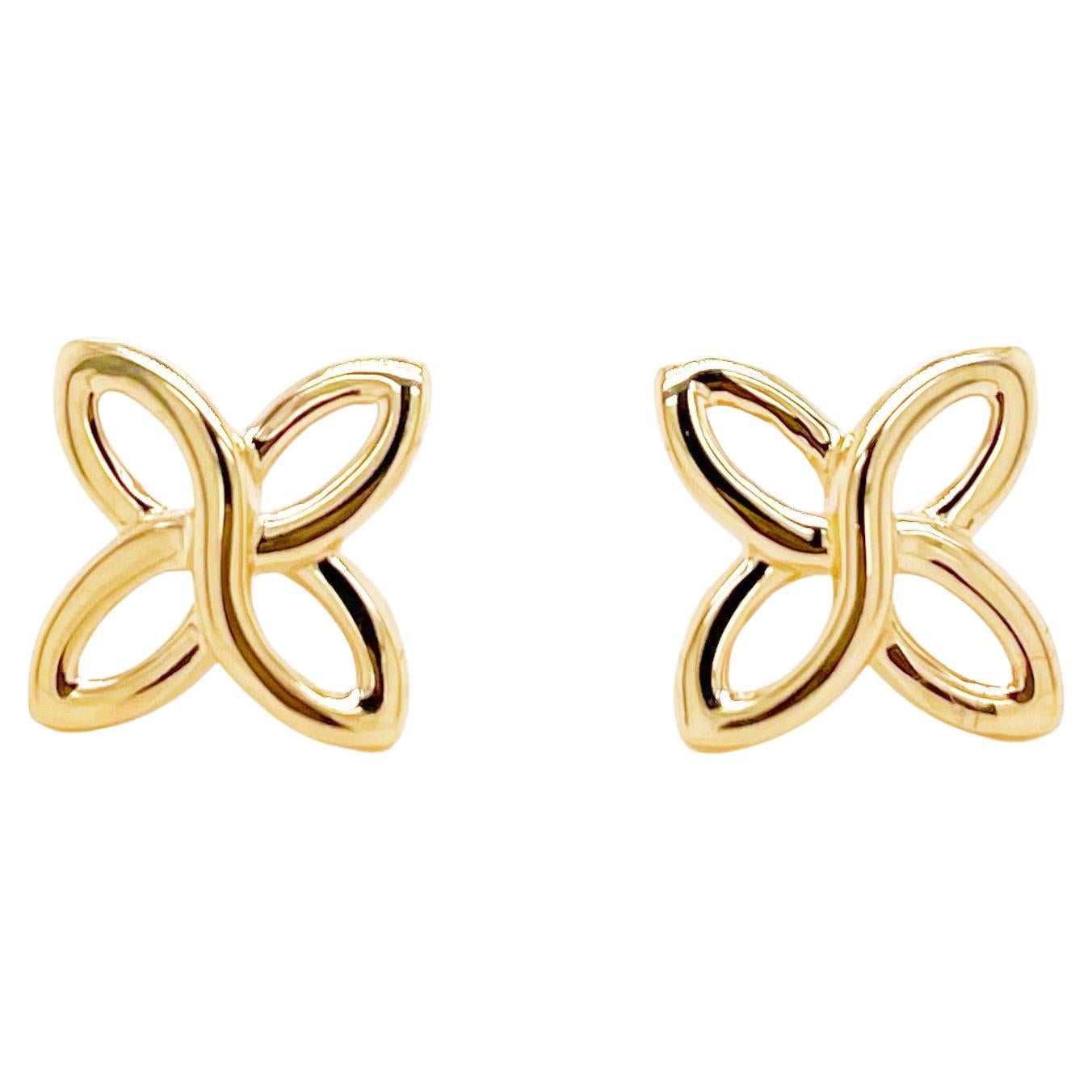 Quatrefoil Stud Earrings, Yellow Gold Flower Earrings Post Style For Sale