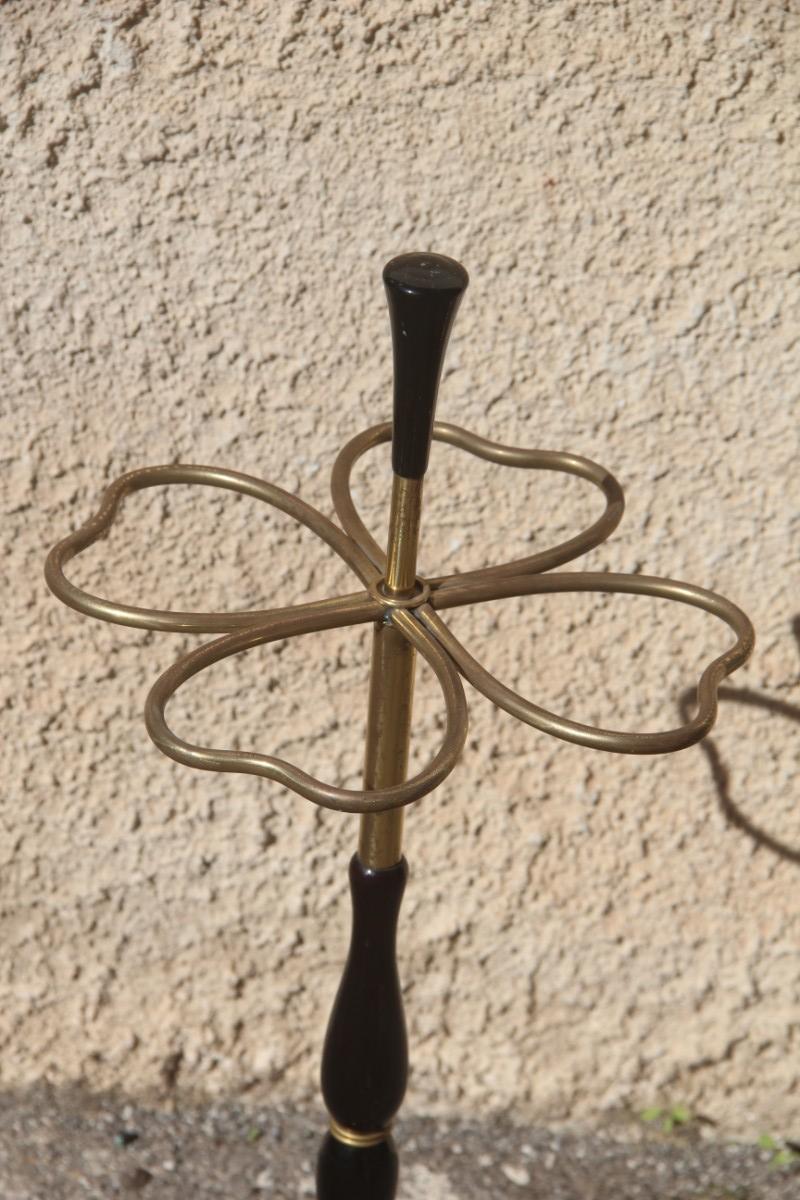 Quatrefoil Umbrella Stand Midcentury Italian Design Brass Gold Wood Mahogany 8
