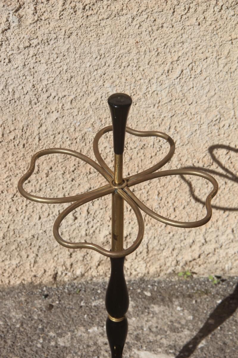 Mid-Century Modern Quatrefoil Umbrella Stand Midcentury Italian Design Brass Gold Wood Mahogany