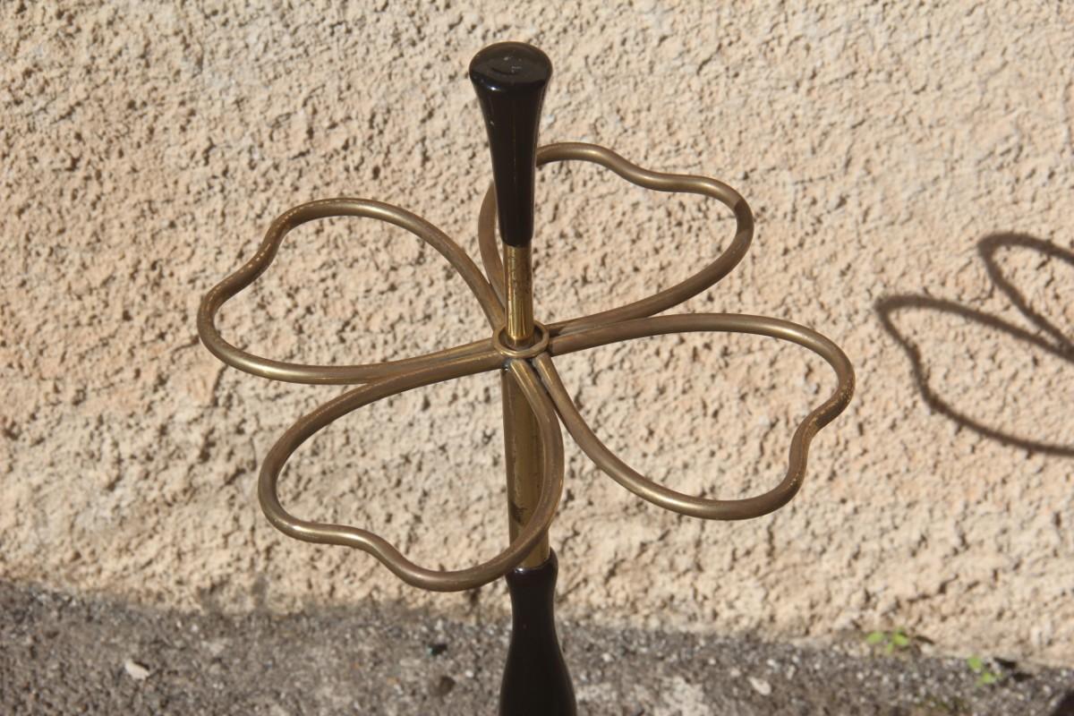 Quatrefoil Umbrella Stand Midcentury Italian Design Brass Gold Wood Mahogany In Good Condition In Palermo, Sicily