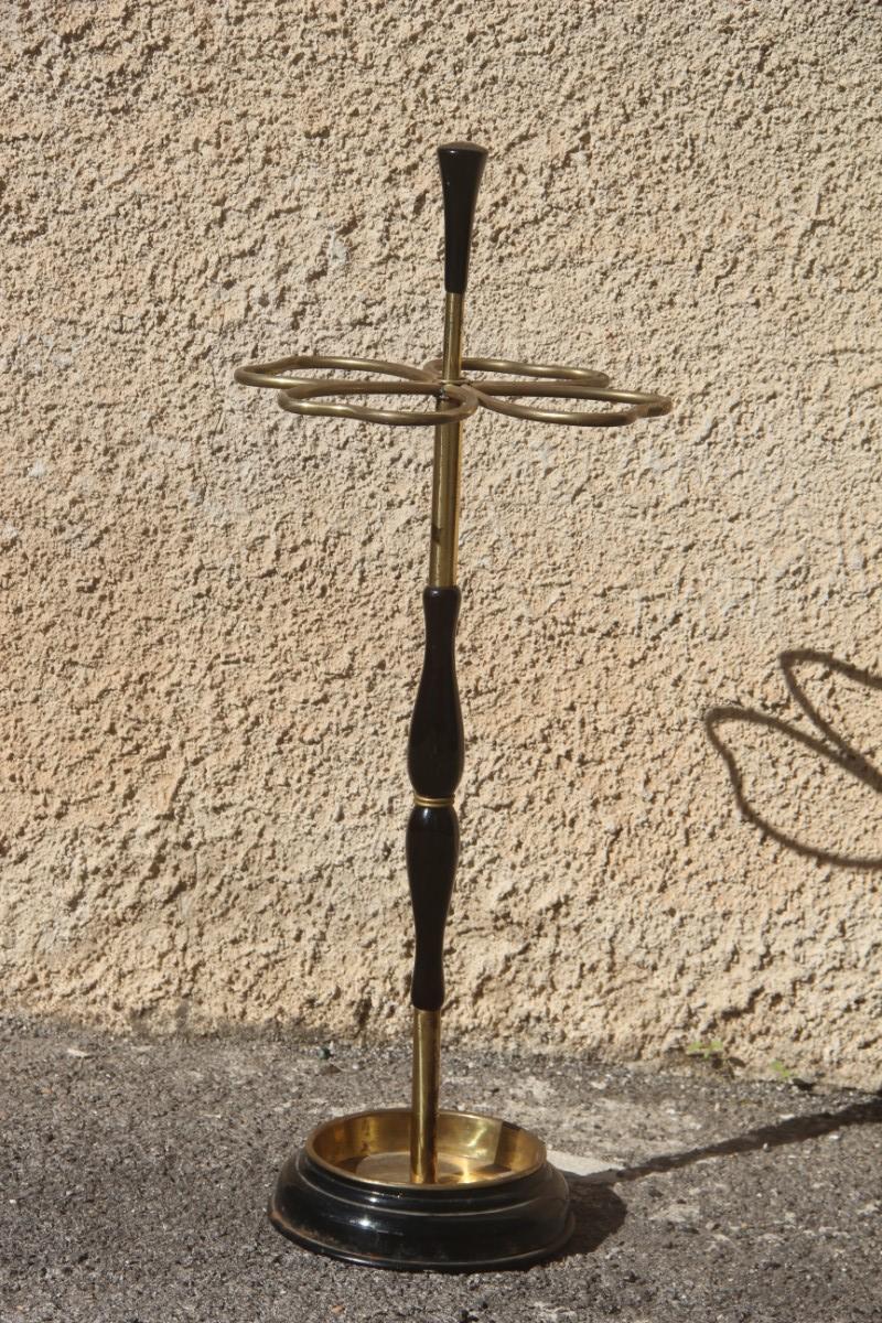 Quatrefoil Umbrella Stand Midcentury Italian Design Brass Gold Wood Mahogany 4
