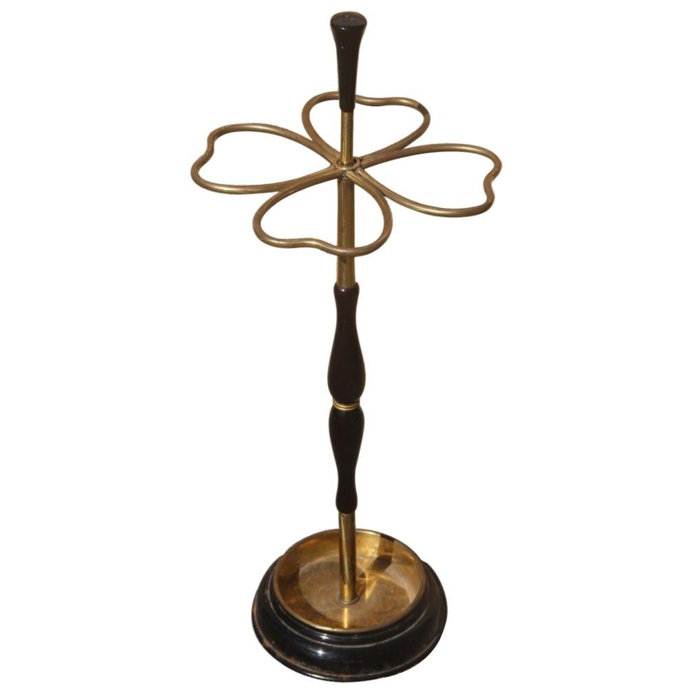 Quatrefoil Umbrella Stand Midcentury Italian Design Brass Gold Wood Mahogany