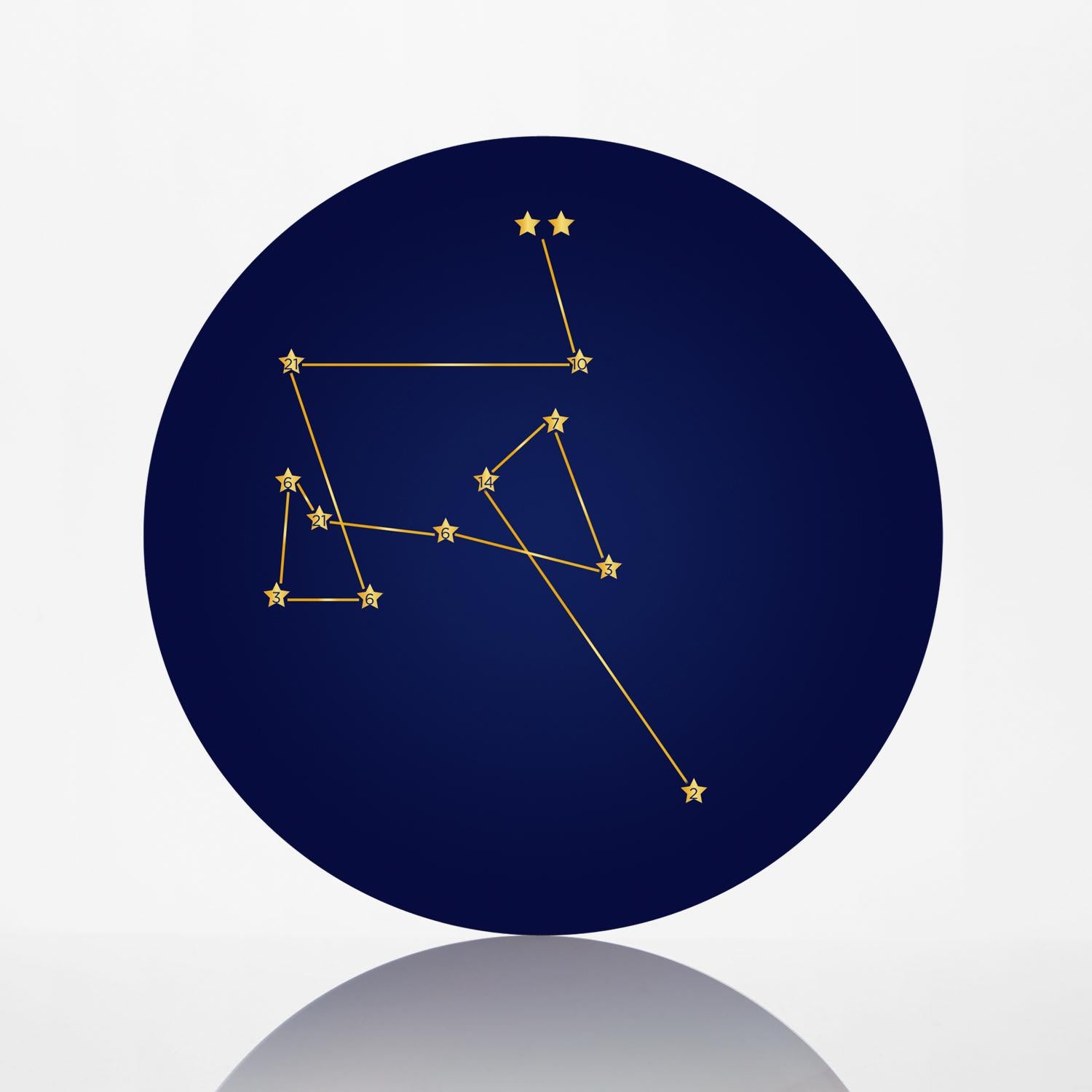 Poetic creation with constellations of stars. A tribute to the different goals of the French team.
Fine porcelain Bleu de four, a special production of porcelain from Limoges. Serigraphy and hand-painted gold, 24-carat.
Bleu de four is a traditional