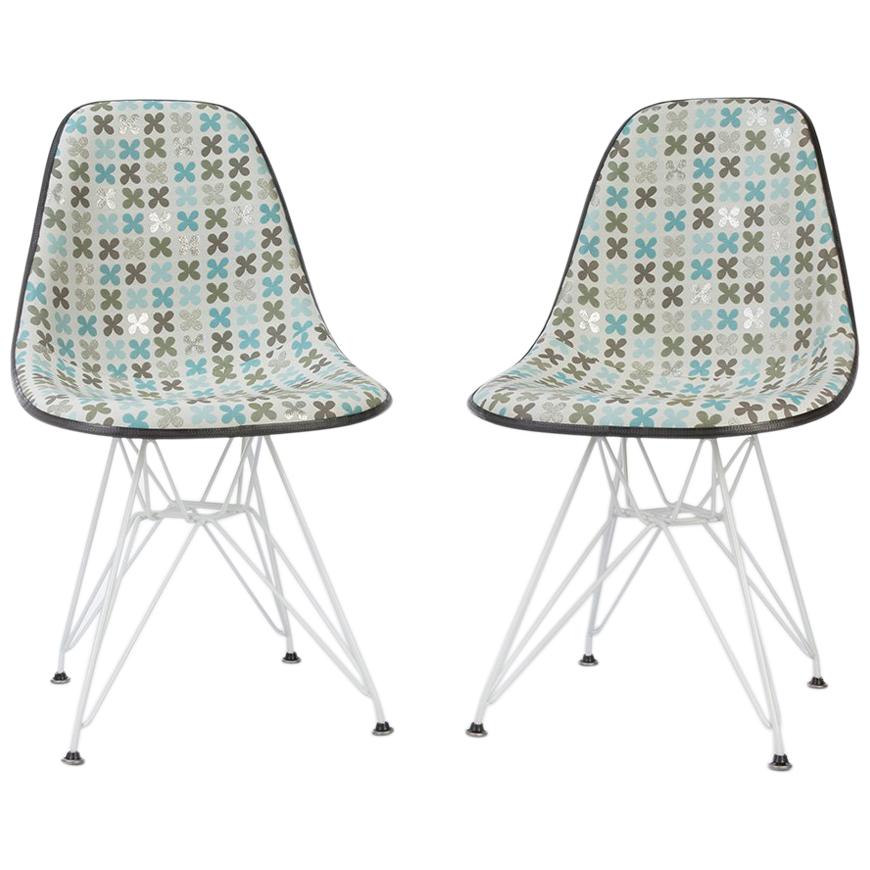 Quatrofoil Pair of Herman Miller Eames DSR Side Chair with Alex Girard Fabric