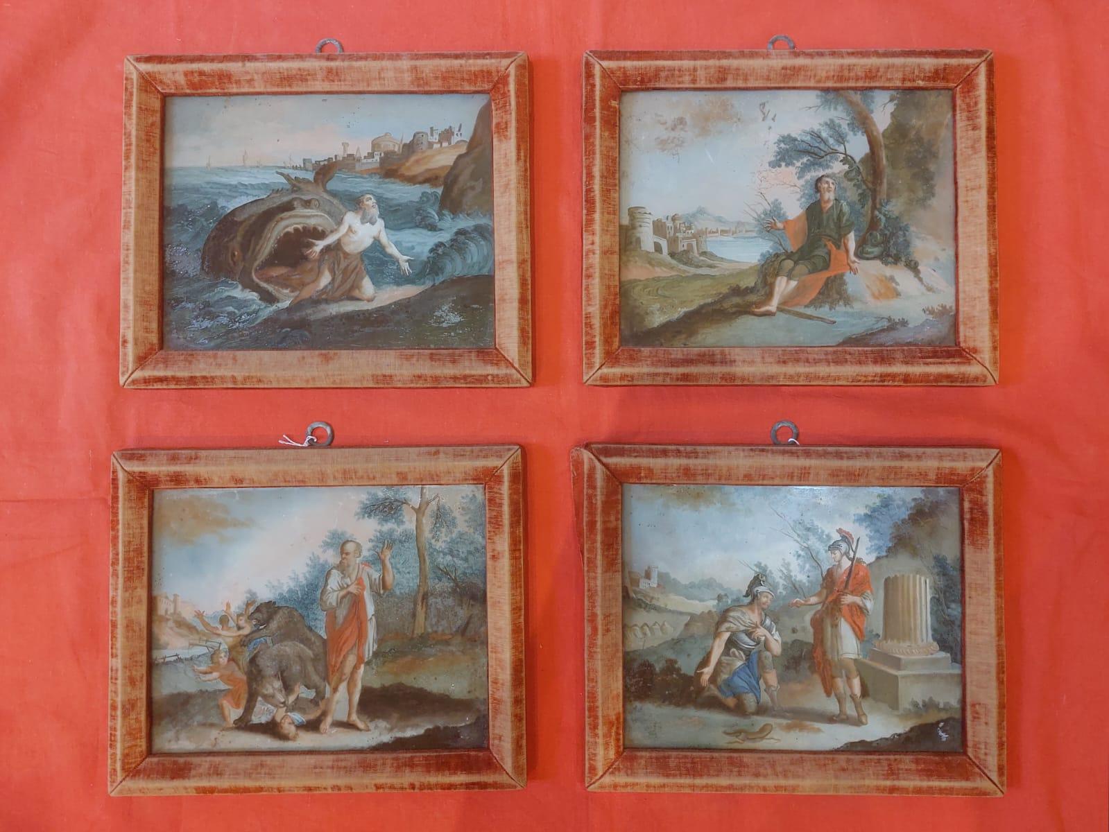 Las cuatro pinturas napolitanas del siglo XVIII enmarcadas póstumamente bajo vidrio representan escenas bíblicas del Libro de Jonás, en particular:
1. Jonás vomitado por la Ballena;
2. Eliseo y los dos osos;
3. Josué y el príncipe del ejército de
