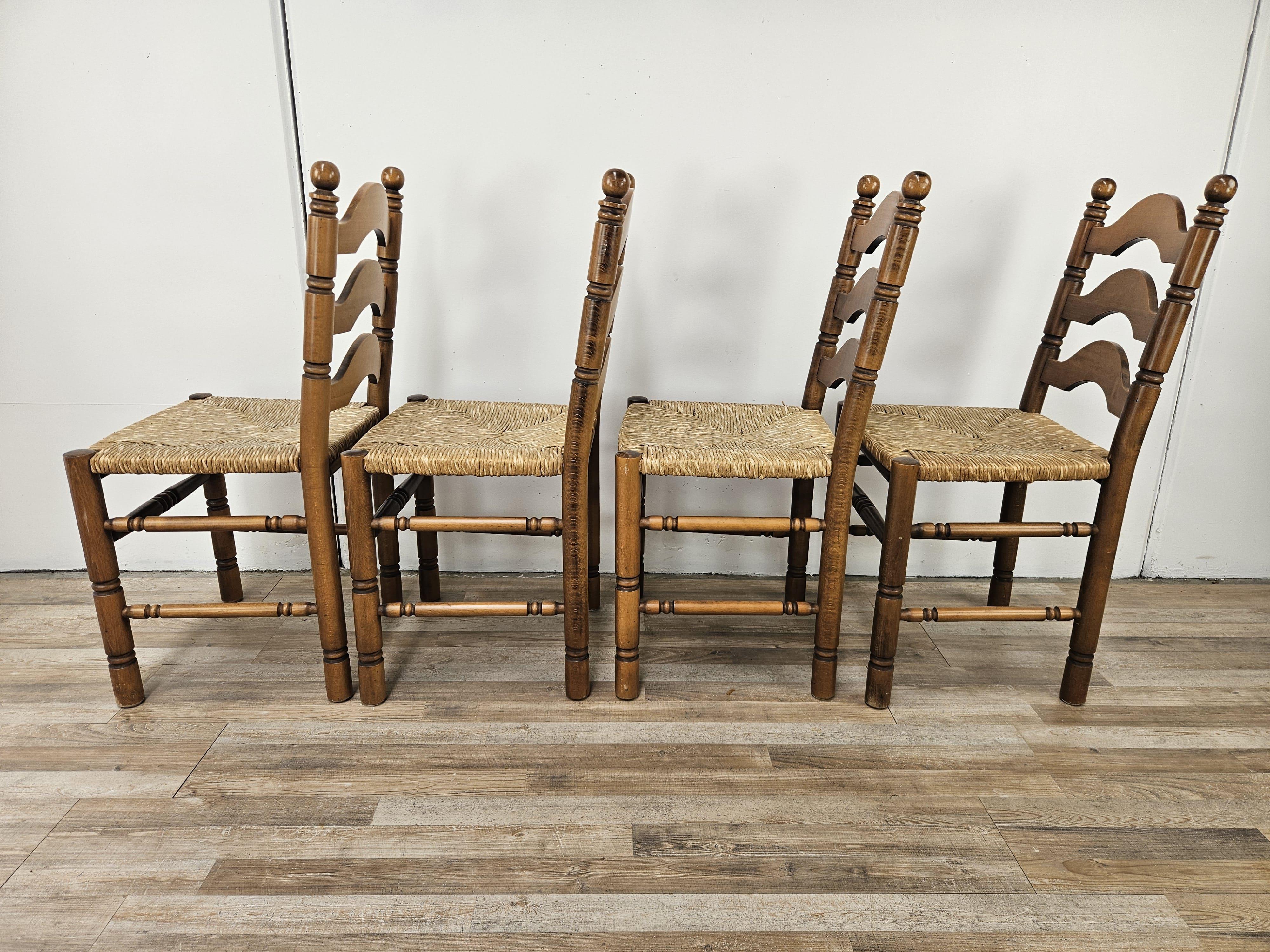 Italian Four solid wood dining chairs with woven straw seat For Sale