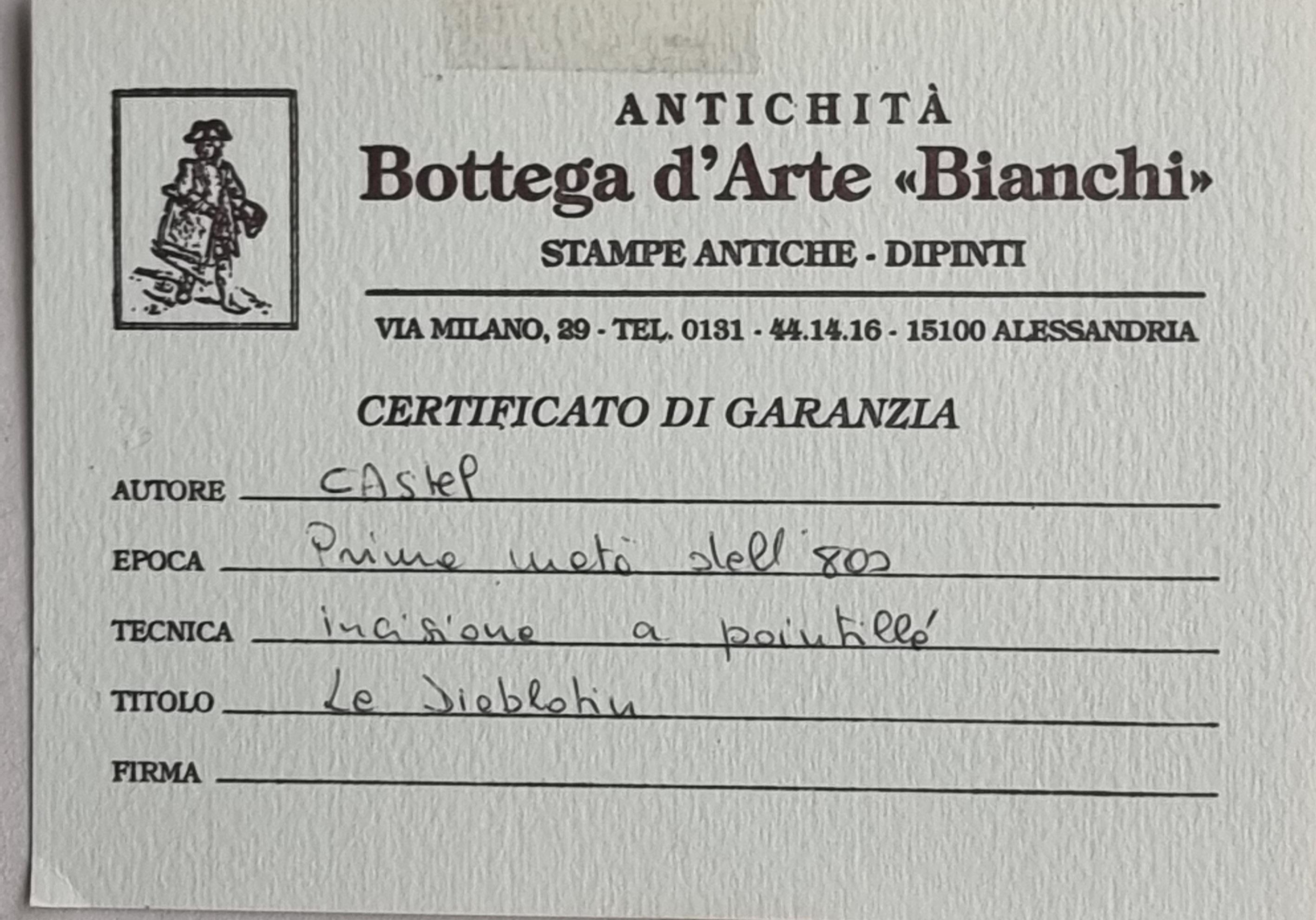 Elegante Gruppe von vier Stichen, die geflügelte Putten in verschiedenen sentimentalen und verspielten Posen darstellen, die in den Wolken schweben. Jedes Blatt trägt einen Titel in französischer Sprache, der, der Reihe nach gelesen, eine kleine