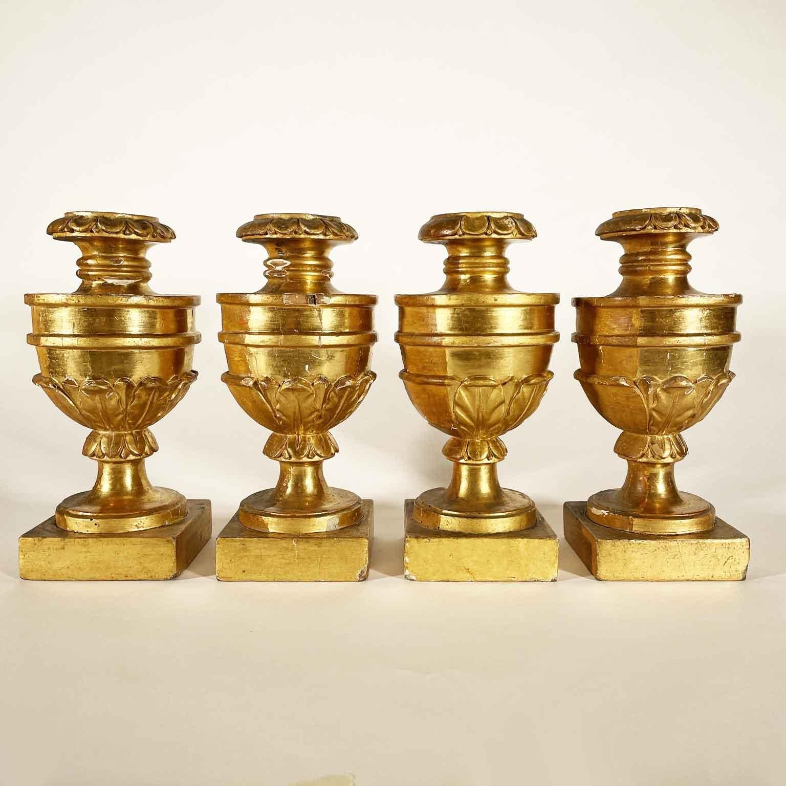 Basi Lampada Impero Dorate 1700 Set di Quattro vasi portapalme con base quadrata e corpo circolare tornito ed intagliato in legno di cirmolo, dorati all’acqua in oro fino in foglia su preparazione di bolo rosso. Sono dorati  solo sulla parte