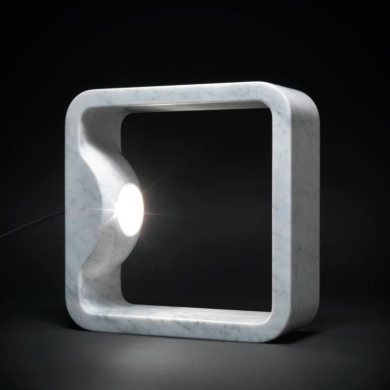 US 110v Carrara marble table lamp with brushed nickel metal parts, available from showroom display. 
Measures: 12.6