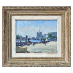 "Banchina della Senna - Notre Dame De Paris" Pittura a olio di Chochon, circa 1950