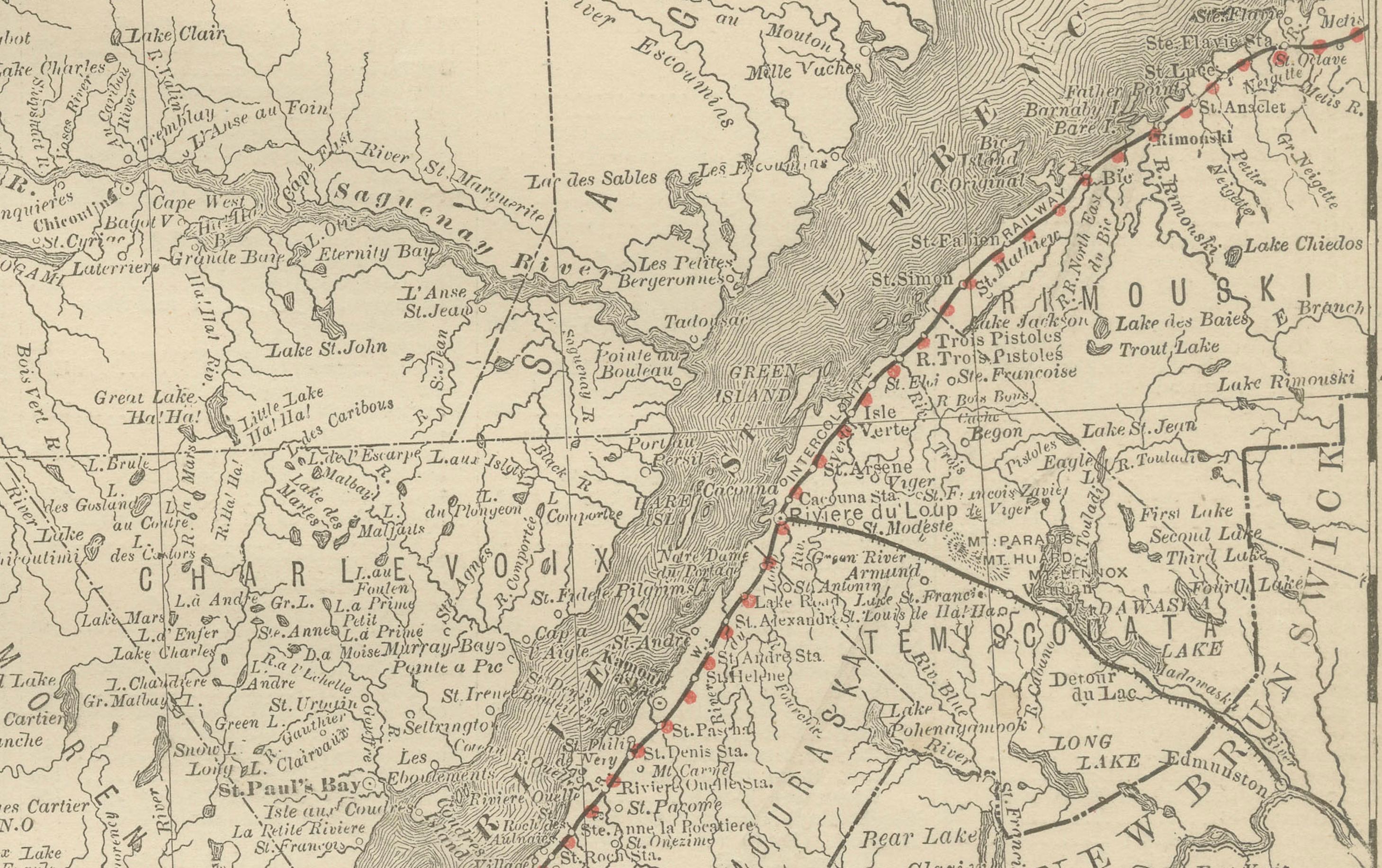 Inciso Mappa ferroviaria antica del Québec, 1888 circa - Provincia di La Belle, città e paesi in vendita