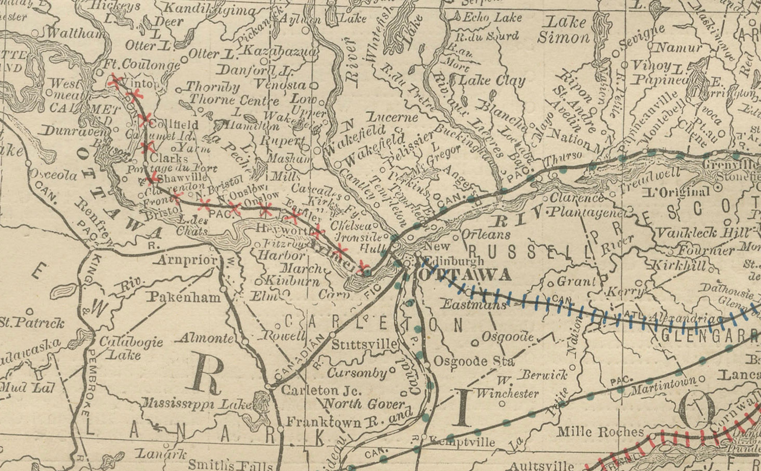 Carta Mappa ferroviaria antica del Québec, 1888 circa - Provincia di La Belle, città e paesi in vendita