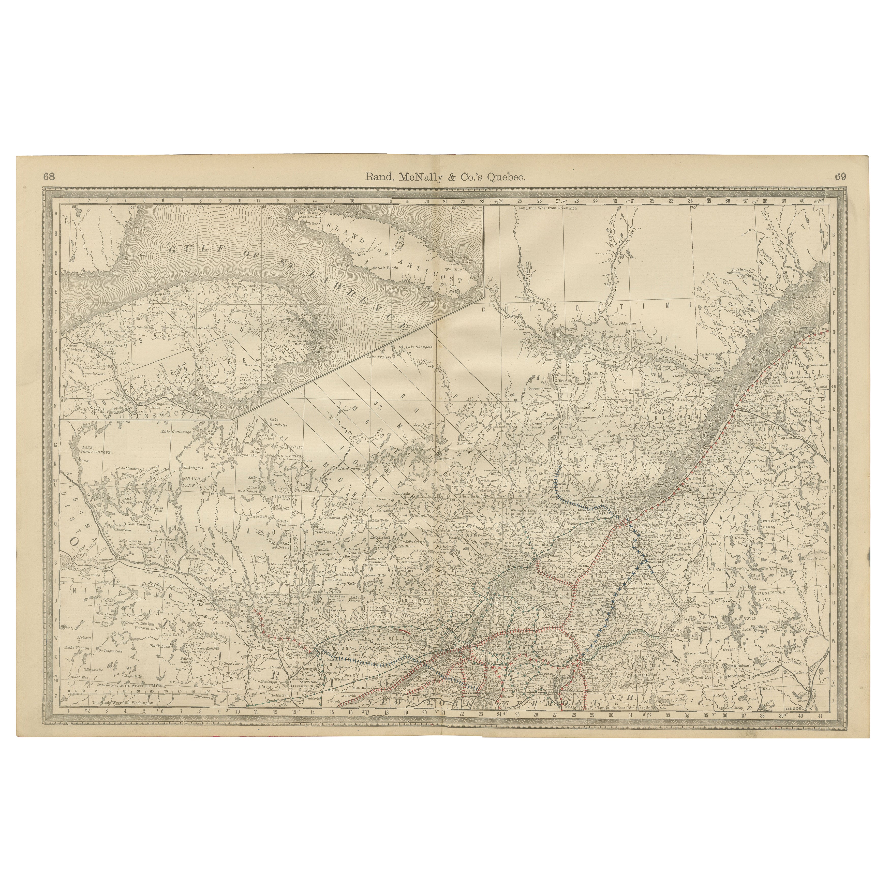 Quebec Antique Railroad Map c.1888 - La Belle Province, Cities & Towns
