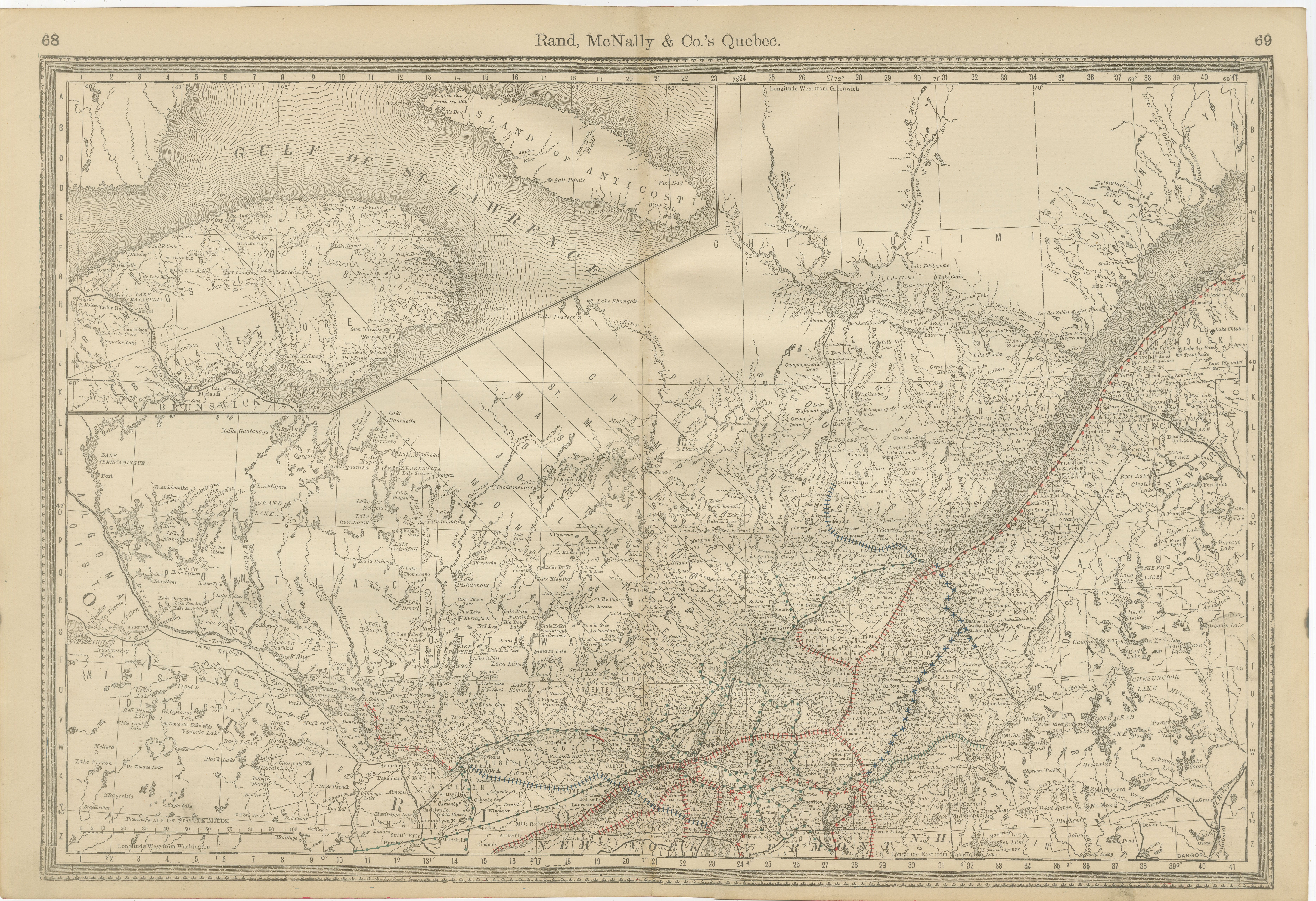 Mappa ferroviaria antica del Québec, 1888 circa - Provincia di La Belle, città e paesi in vendita