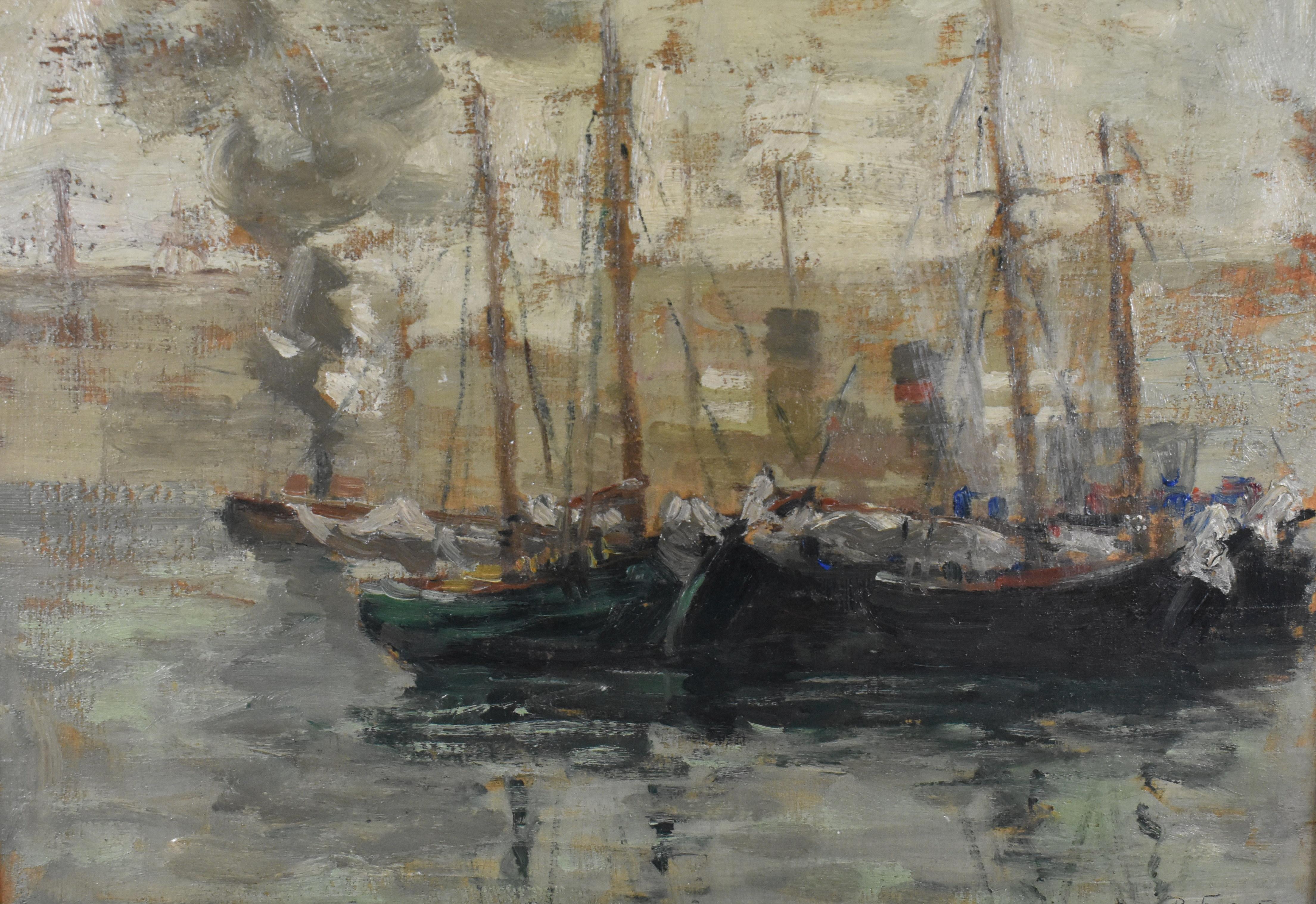 Impressionistic image of sailing ships and freighters in Quebec Canada harbor by Paul B Earle, (1872-1955). Titled 