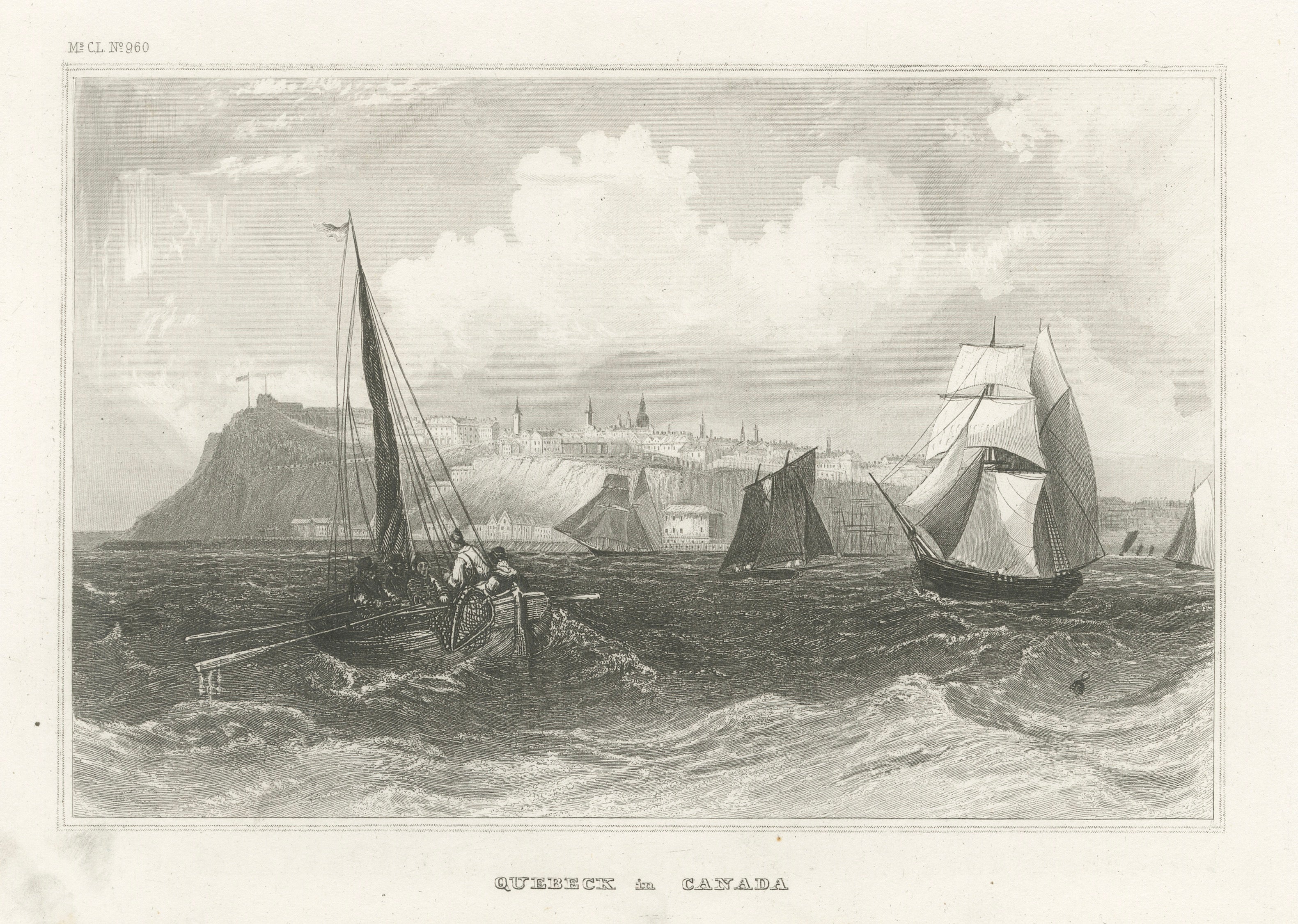 Quebec City Canada Harbor View – Antique Steel Engraving St. Lawrence River 1854