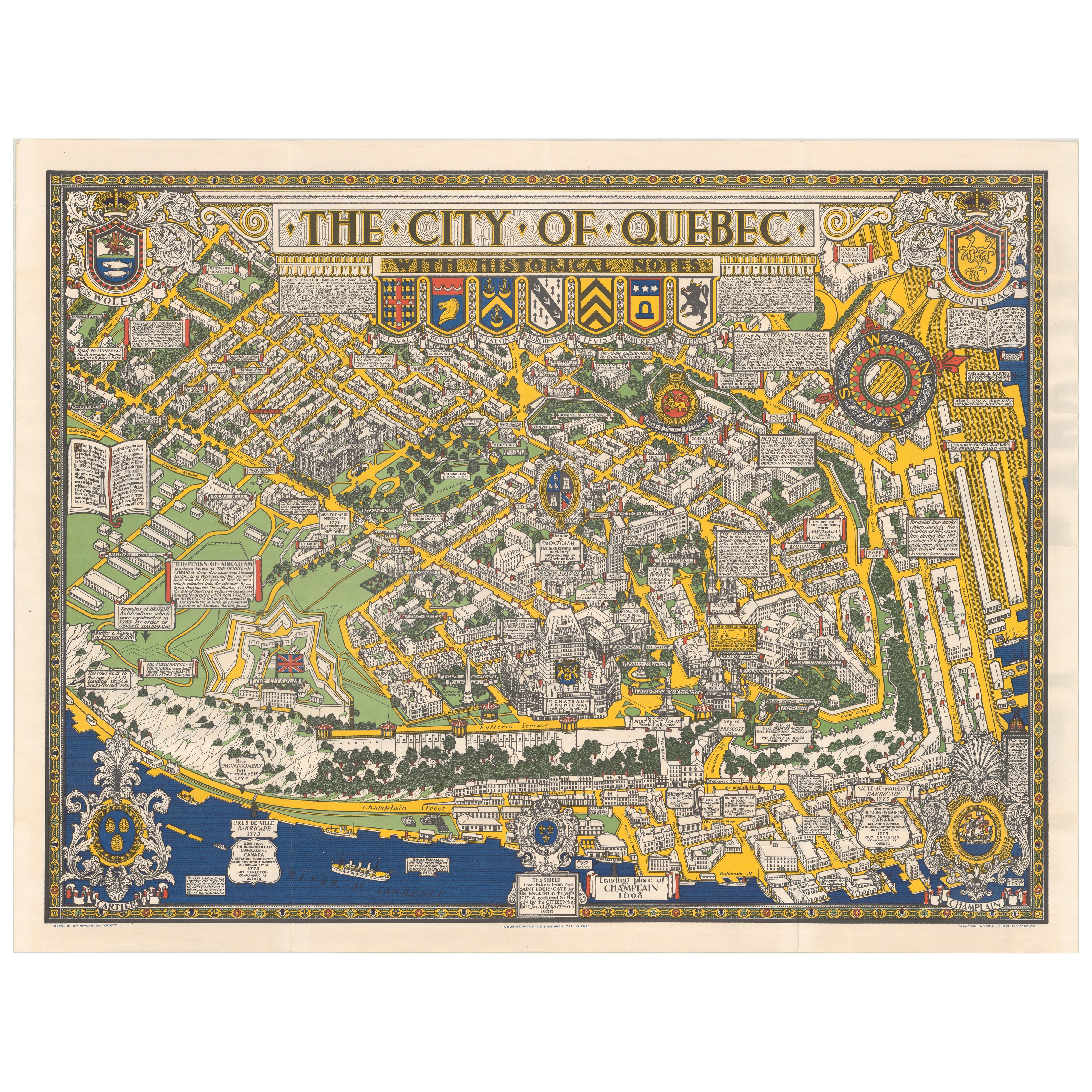 Mappa pittorica di Quebec City, La città di Quebec con note storiche, 1932 in vendita