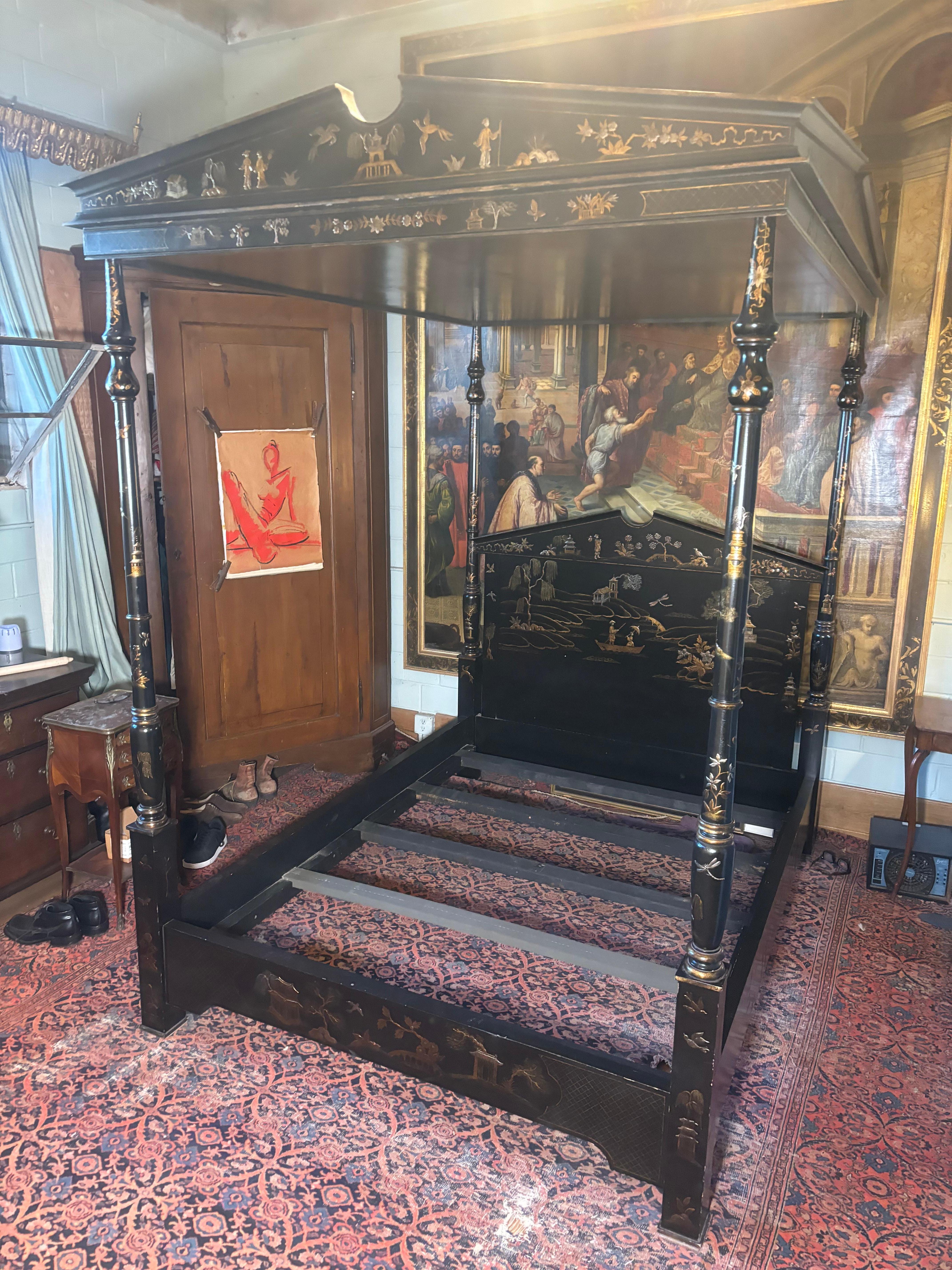 Queen 4 Poster Pendant Canopy Bed Frame with raised and flat chinoiserie. 
Headboard scene has the lovers rowing their boat on the center surrounded with weeping willows and a pagoda on an island, with the lake water lapping on top of the shore.
The