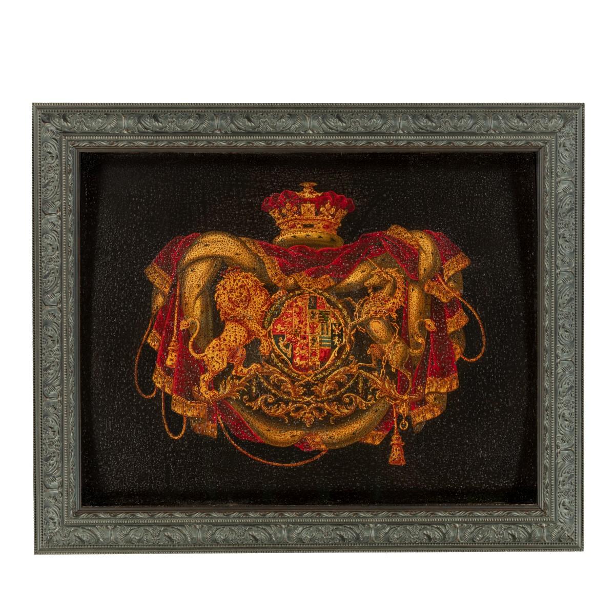 These two wood panels are of rectangular form, one with rounded corners. Each is painted with a large Royal coat of arms flanked by a lion and a unicorn surmounted by a queen’s crown and red velvet mantling trimmed with ermine, gold fringes and