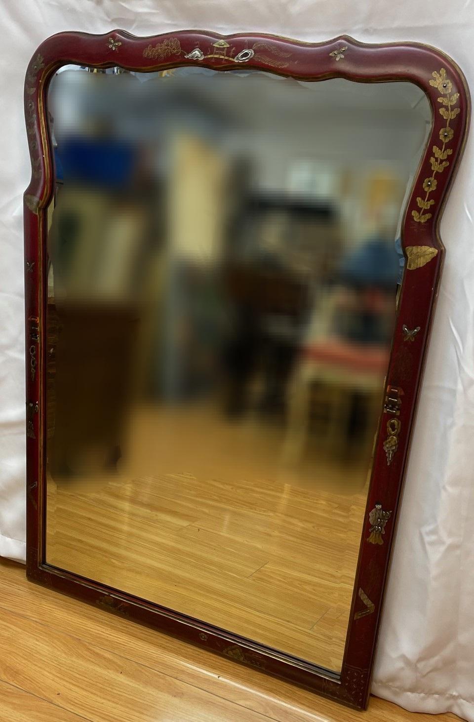 Queen and styled beveled mirror red lacquered in the pagoda style

29x42
