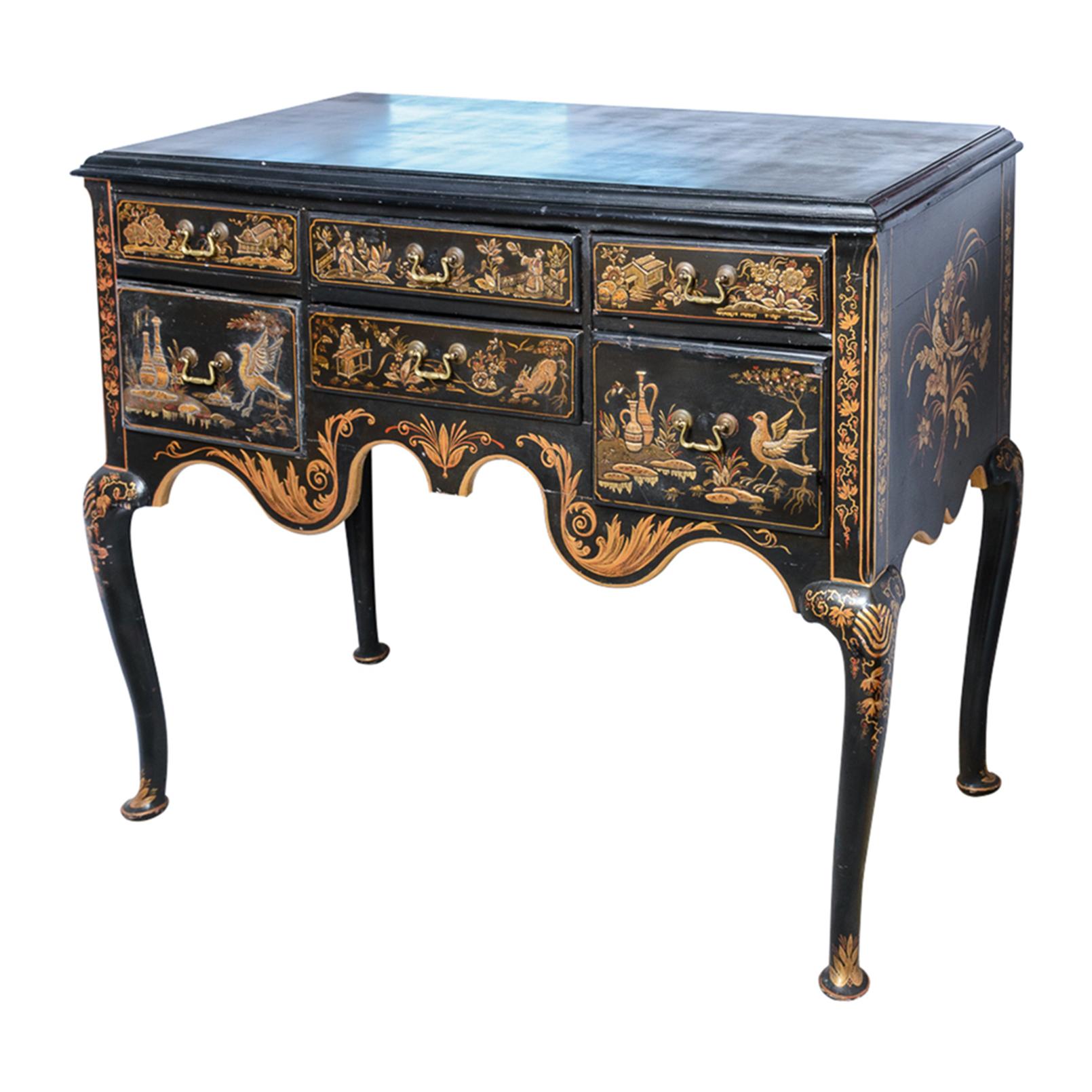 Queen Ann Style Chinoiserie Ebonized Wood & Lacquered  Decorated Dresser 4