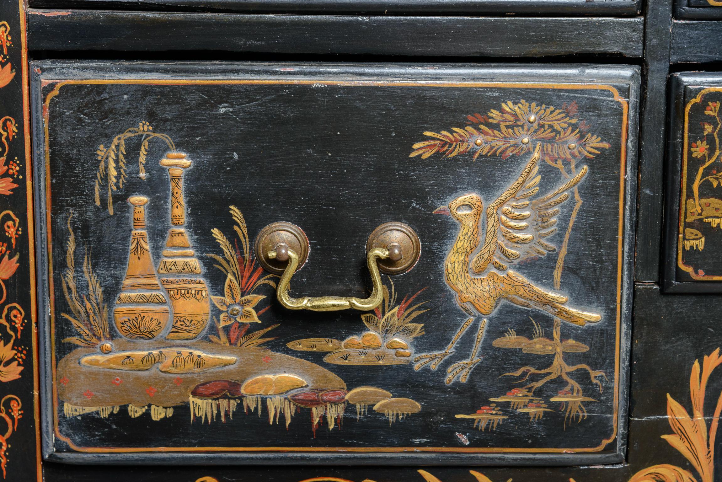 Queen Anne Queen Ann Style Chinoiserie Ebonized Wood & Lacquered  Decorated Dresser
